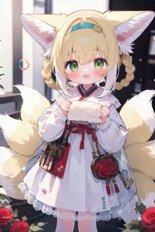 1girl, animal ears, tail, green eyes, suzuran (arknights), fox ears, fox tail, blonde hair, solo, fox girl, dress, smile, multiple tails, red flower, hair rings, white hair, bubble, looking at viewer, flower, rose, soap bubbles, animal ear fluff, white dress, multicolored hair, alternate costume, open mouth, blush, holding, braid, red rose, :d, two-tone hair, long sleeves, bangs, kitsune, hair between eyes, blurry