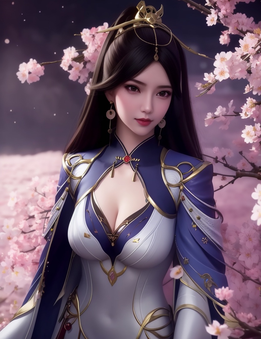 <lora:510-DA-万古狂帝-秋清儿:0.8>(,1girl, ,best quality, ),looking at viewer,  ,, ,masterpiece,(( , )),, realistic,science fiction,mole,,ultra realistic 8k cg,     ,cherry blossoms,,night, night sky, crescent moon, moonlight,,(facing viewer, looking at viewer, , ),  (cleavage), (),