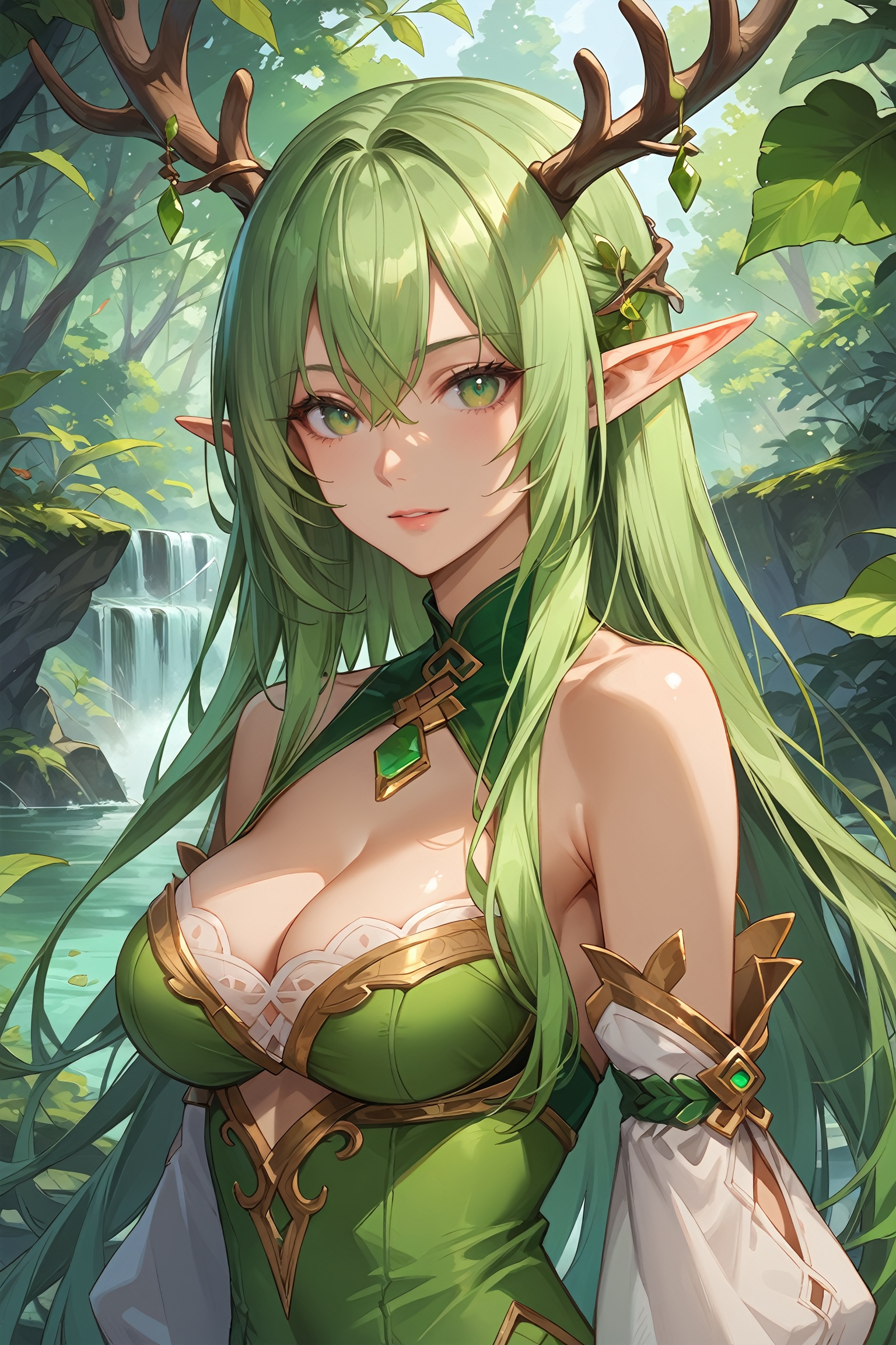 score_9, score_8_up, score_7_up, masterpiece, best quality, absurdres, very aesthetic, source_anime, detailed illustration, 8K UHD, upper body, 1girl, solo, looking at viewer, long hair, medium breasts, cleavage, bare shoulders, green eyes, detached sleeves, green hair, pointy ears, leaf, elf, green dress, antlers