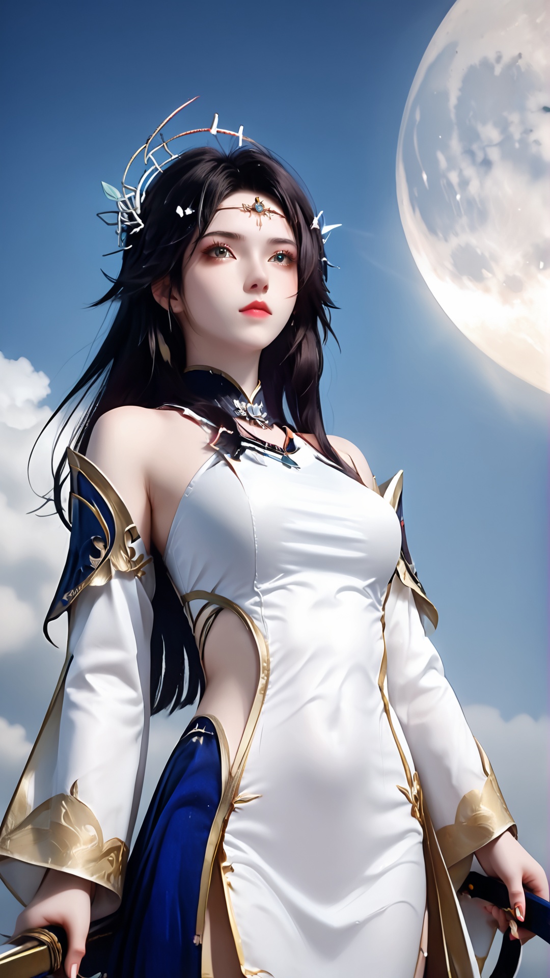 The image is a digital illustration of a young woman with long dark hair and a crown of thorns on her head. She is wearing a white and blue outfit with gold accents. The outfit has a high neckline and long sleeves, and she is holding a sword in her right hand. The woman is standing in front of a full moon, with a blue sky and clouds in the background. She has a serious expression on her face and is looking directly at the camera. The overall mood of the image is mystical and powerful.,<lora:pony玄衣-000004:0.8>,