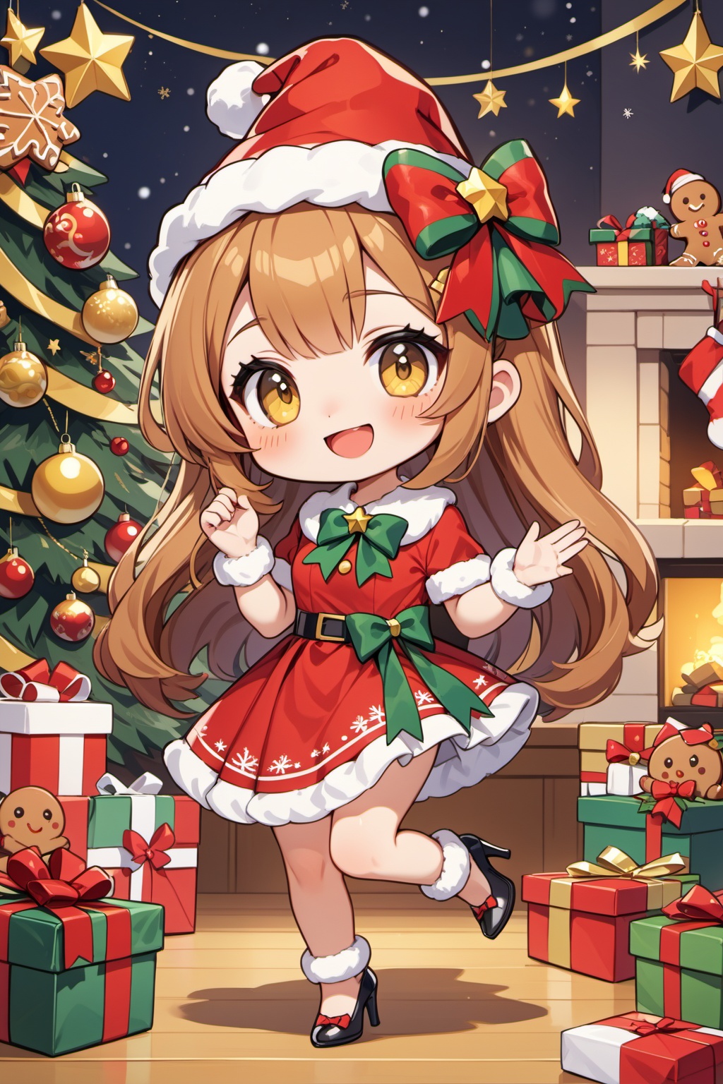 chibi,Christmas hat,1girl,Christmas Eve,gingerbread,high heels,yellow eyes,bow,audience,solo,Christmas gift,Christmas stocking,bangs,smile,skirt,: p,shut up,medium chest,hair decorations,, masterpiece,best quality,very aesthetic,absurdres,