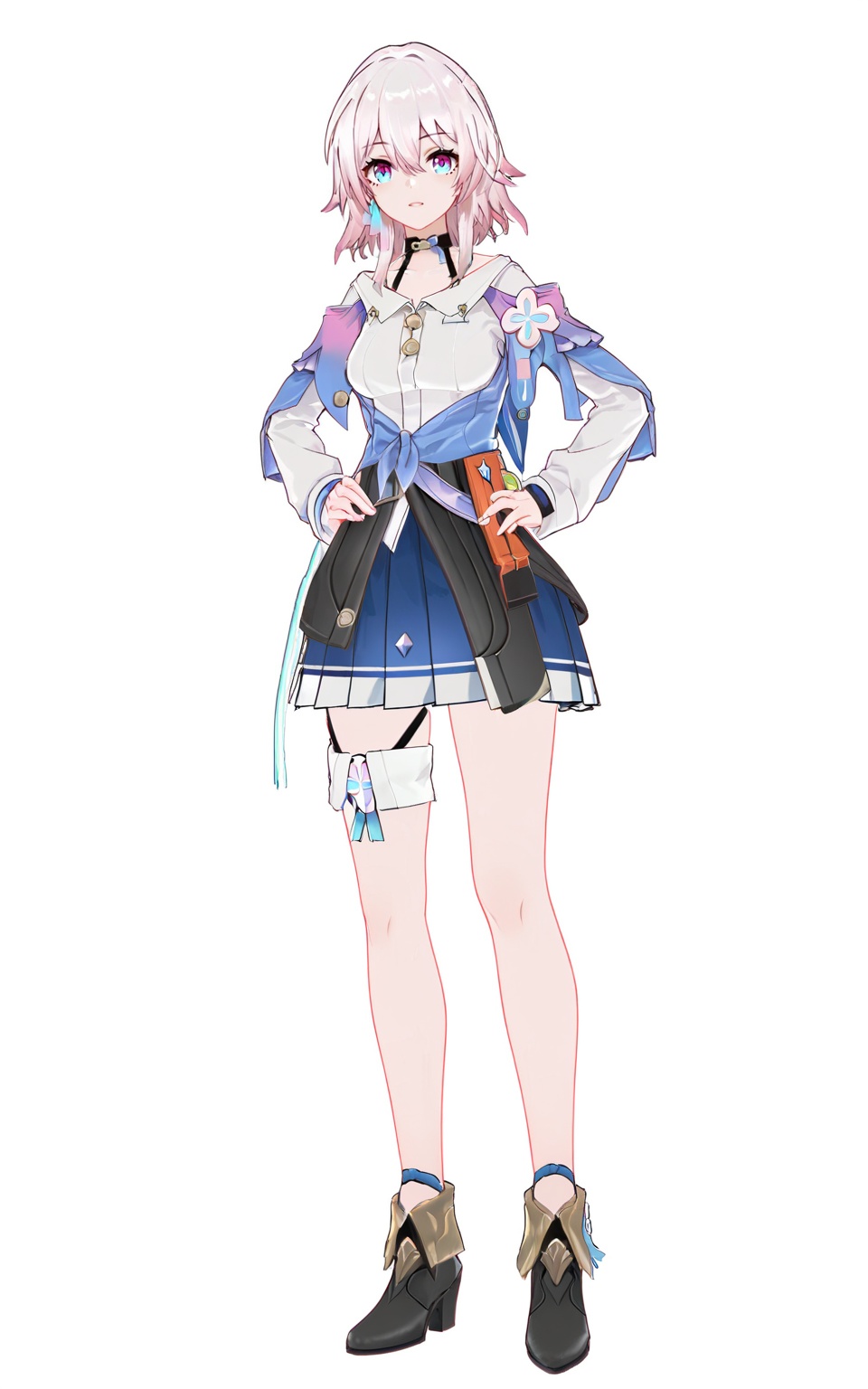 8k, best quality, masterpiece, (ultra-detailed), (high detailed skin), (white background:1.3), (full body:1.25), (white background), standing, looking at viewer, (solo:1.3), hands on hips, <lora:March7-artiwaifu-Tanger:0.8>, sanyueqi, 1st clothes, 1girl, blue skirt, pink hair, white shirt, bangs, long sleeves, blue eyes, (beautiful_face), ((intricate_detail)), clear face, ((finely_detailed)), fine_fabric_emphasis, ((glossy)), full_shot, 