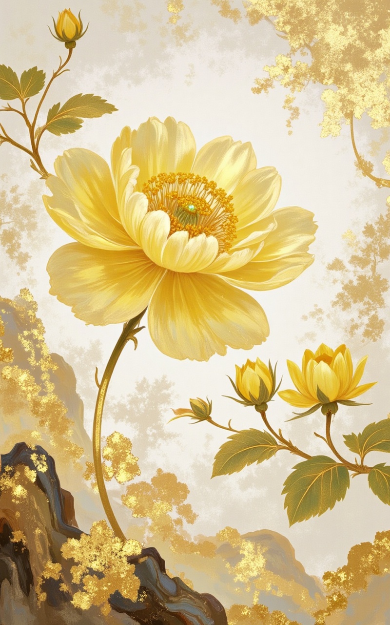 jinbo,lvjing,baoshi,no humans,leaf,flower,tree,plant,outdoors,scenery,yellow theme,sky,still life,yellow flower,25,