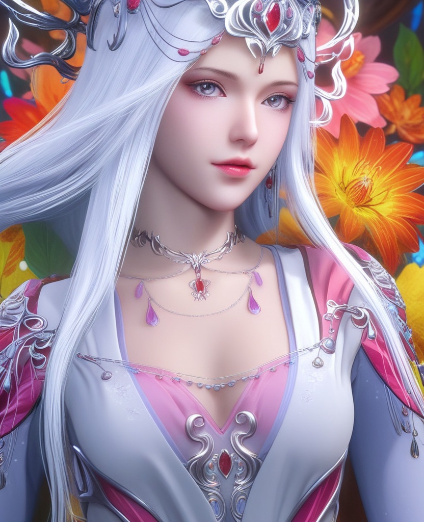 <lora:700-DA-XL-斗罗大陆-波赛西:0.8>(,1girl, ,best quality, ),looking at viewer,,anime,(masterpiece, top quality, best quality, official art, beautiful and aesthetic:1.2), (1girl)	, , (cleavage),extreme detailed,(fractal art:1.3),colorful, flowers ,highest detailed,()    (cleavage), (),