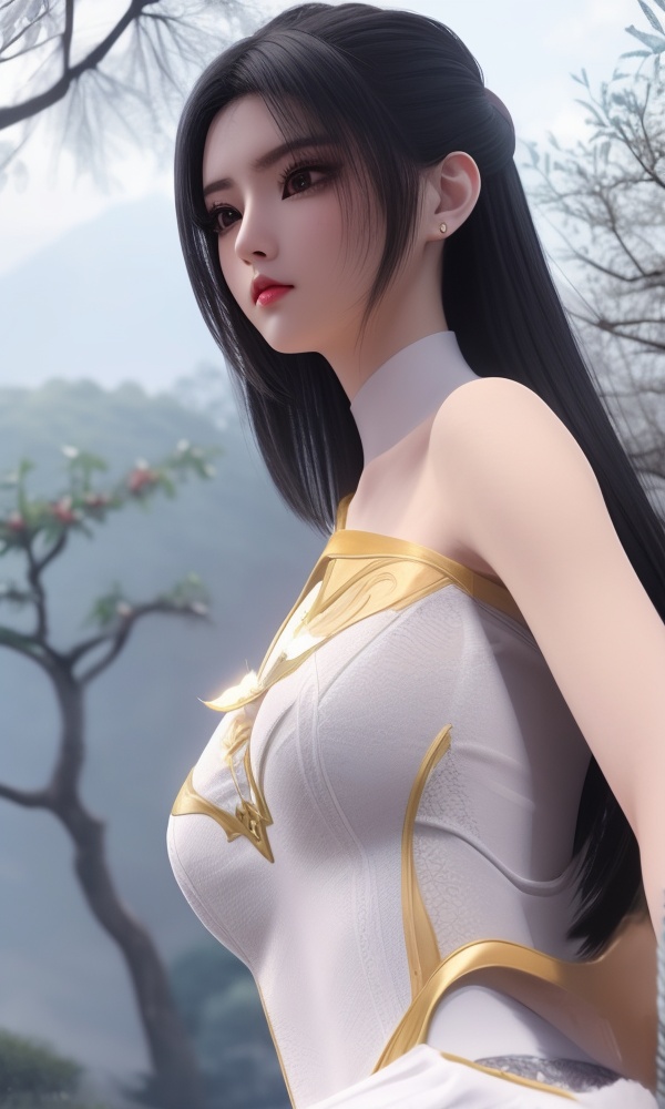 (,1girl, ,best quality, ),looking at viewer, <lora:401-DA-大主宰-叶轻灵:0.8> ,, ultra detailed background,ultra detailed background,ultra realistic 8k cg,,masterpiece, (( , )), fiction,mole,  ,tamari \(flawless\),    ,see-through, lace, (()),(((, solo, sun, , bare_tree, )))
