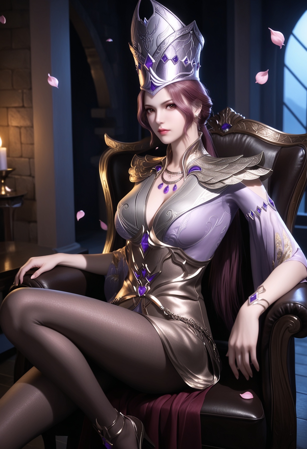 masterpiece,best quality,amazing quality,very aesthetic,high resolution,ultra-detailed,absurdres,scenery,photorealistic,(looking at viewer:1.1),(Dark room:1.3),(moody lighting:1.1),peach blossom,falling petals,(large breasts:0.8),bibidong,1girl,solo,jewelry,gem,armor,brown hair,hat,lips,necklace,brown eyes,earrings,cleavage,crown,long hair,dress,red eyes,makeup,ponytail,short hair,pantyhose,pink hair,purple hair,shoulder armor,long sleeves,high heels BREAK photorealistic details,<lora:QQSillbibidongV1:0.8>,