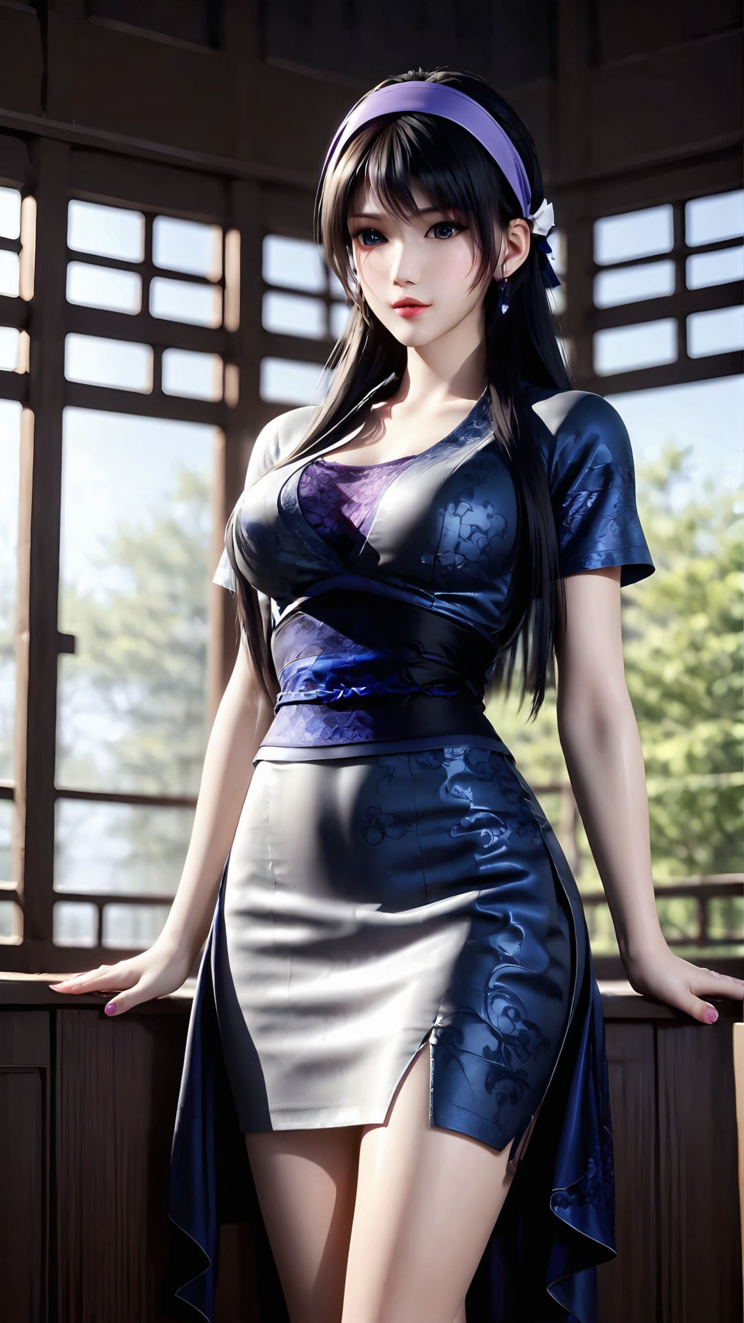 The image is a 3D rendering of a young woman posing in a traditional Chinese dress. She is standing in front of a large window with a view of trees and greenery outside. The woman has long dark hair styled in a sleek bob with bangs and is wearing a purple headband with a bow on top. She has a serious expression on her face and is looking directly at the camera.,The dress is a short-sleeved,light blue color with a black and white floral pattern on the front. It has a high neckline and short sleeves,and is cinched at the waist with a thin black belt. The skirt of the dress is slightly flared and falls below her knees. The overall style of the outfit is elegant and sophisticated.,<lora:pony端木蓉:0.8>,