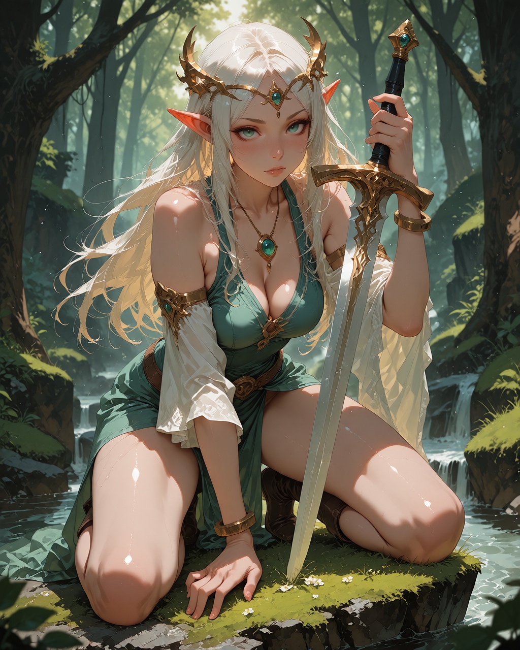 [An image showing ing of a fantasy character in a lush,  forest setting,  the subject is a young woman with long on Tensor...