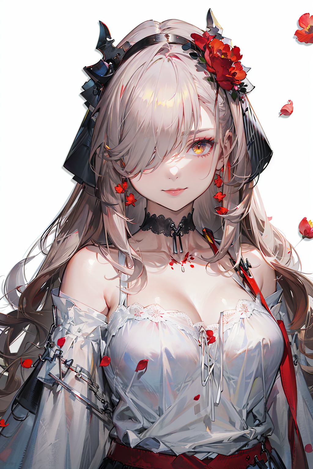 masterpiece,best quality,1girl,solo,looking at viewer,silver hair,yellow eyes,beautiful and detailed face,evil smile,upper body,collarbone,collarbone,large breasts,white long translucent night gown,expressionless,hair cover one eye,long hair,red hair flower,standing,blood,(plenty of red petals:1.35),white background,simple background,<lora:endfield-000004:0.7>,