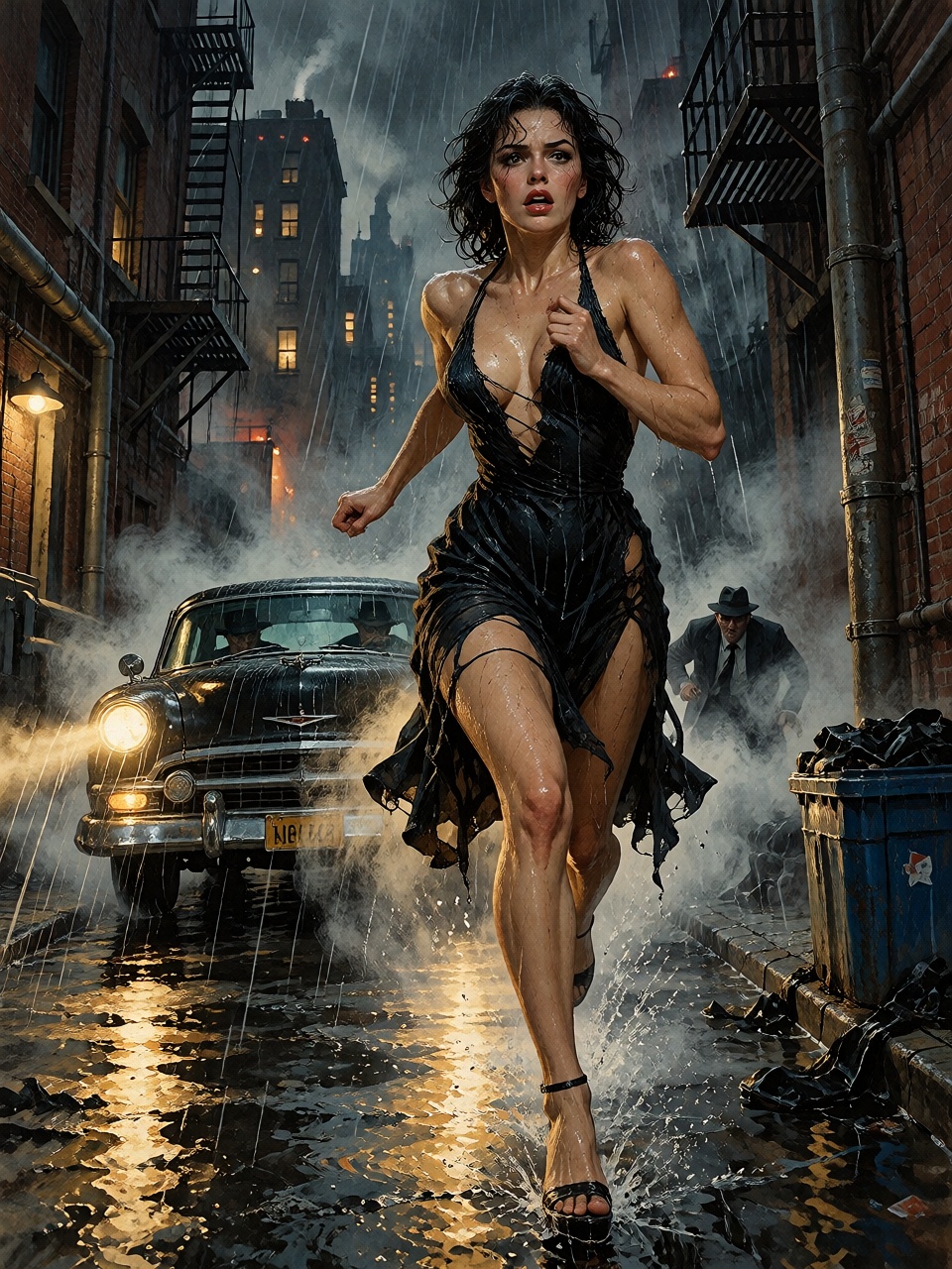 A young woman in a torn evening dress running through a rain-soaked city alley while a shadowy gangster car speeds toward...