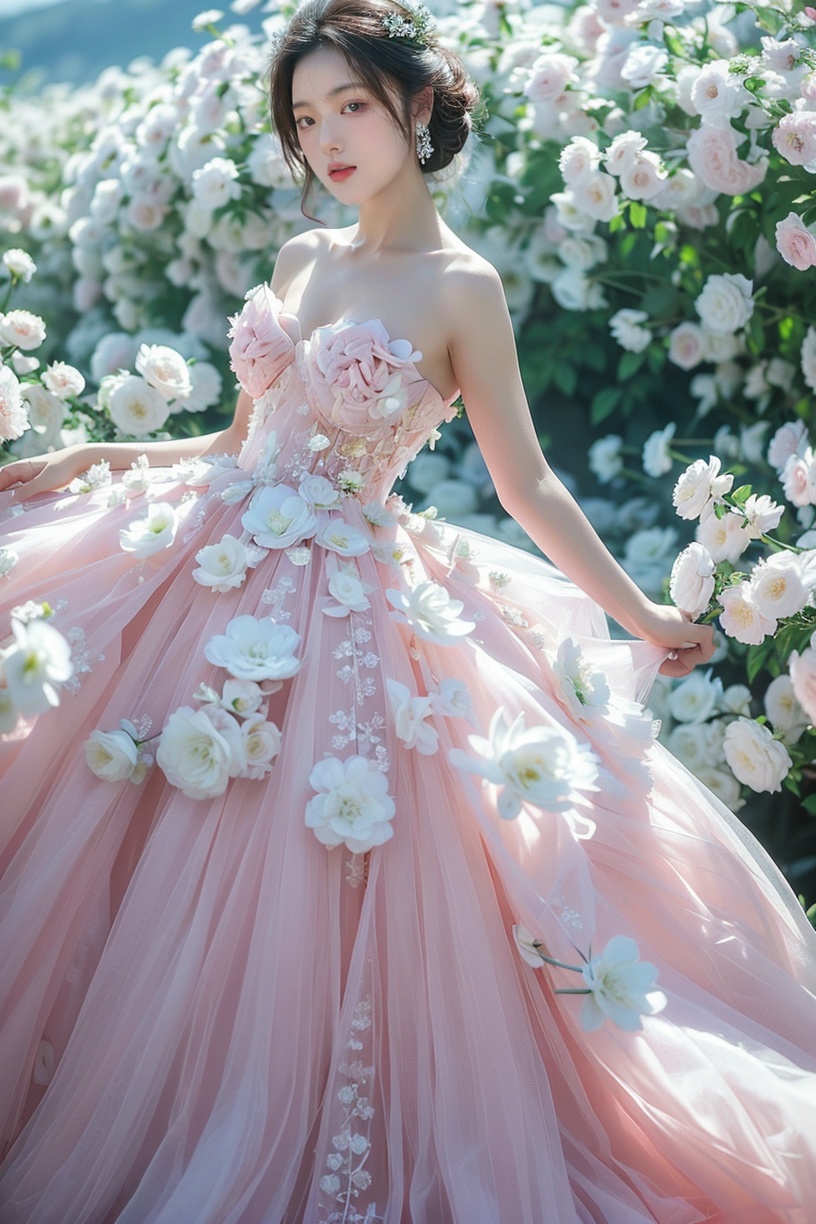 (best quality, masterpiece:1.3),1girl,dress,solo,flower,white flower,breasts,earrings,black hair,cleavage, (looking_at_viewer:1.4),(eye-contact:1.4), jewelry: spring_flower, (pink wedding dress:1.4), Tindal Light, <lora:YG花海:0.7>,