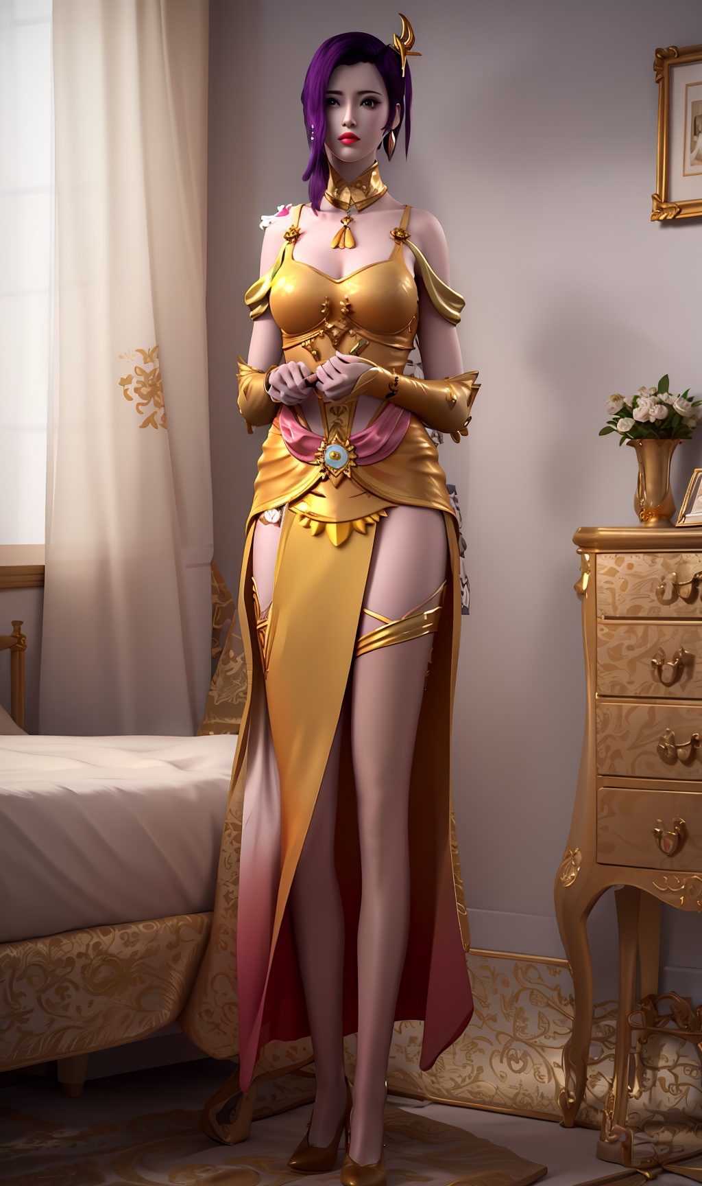 3D,masterpiece,(best quality),(makeup),official art, extremely detailed cg 8k wallpaper,((crystalstexture skin)), (extremely delicate and beautiful),(highly detailed),(face),(gold_trim),(collar),(off-shoulder_dress)(1girl), (solo), (jewelry), (earrings),(purple_hair),(long_hair),(hair_ornament),(handwear),(breasts),(standing),((full_body,whole_body)),(long_legs),(closed_mouth),(skirt),(chinese_clothes),(dress),,(multicolored_clothes),(multicolored_dress),(shiny_clothes),(city,indoor,bed),(wristband),(thighhighs),(bare_shoulders),,((looking_at_viewer)),((Facing the camera)),(high_heel),(gold_high_heel), , <lora:hipoly3DModelLora_v10:0.3>