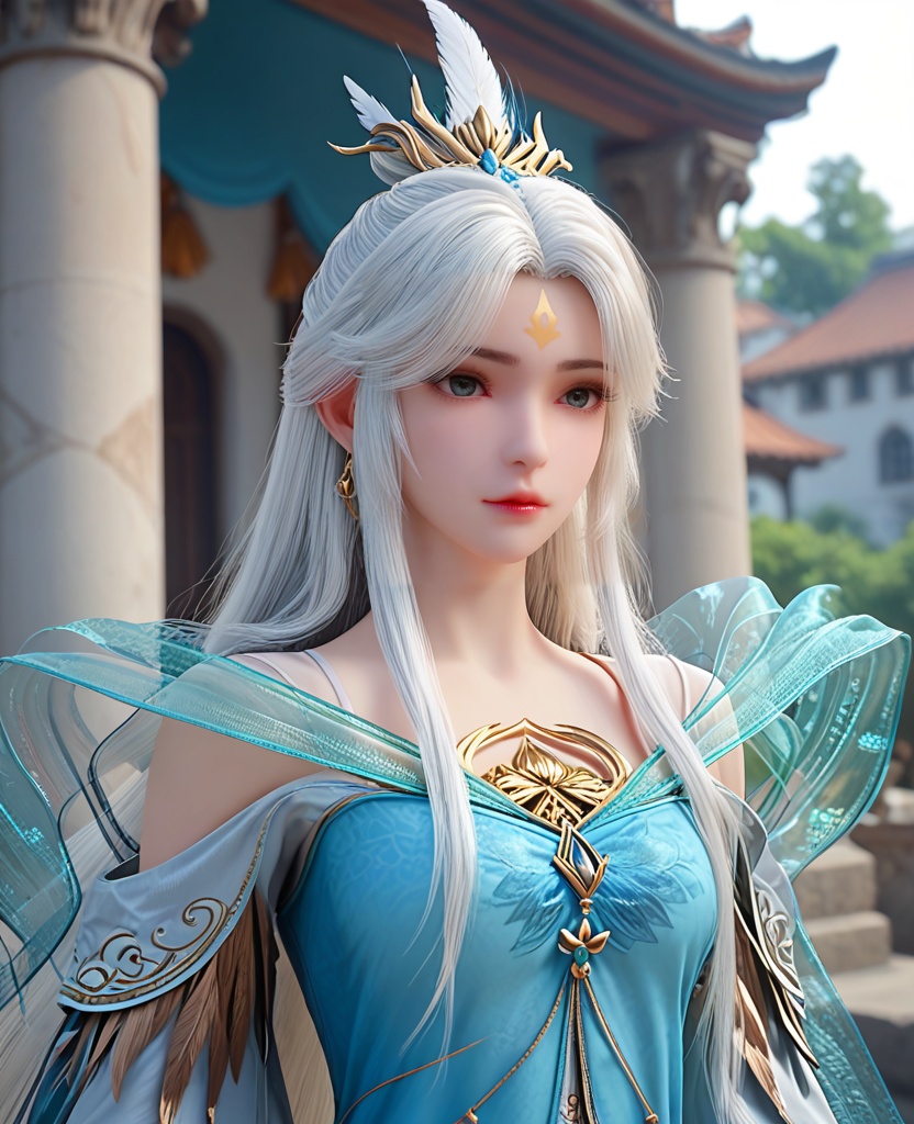 (oriental architecture, elegant decor, sophisticated style:1.1),pov-high-5,(breasts:1.2),<lora:XL完美世界银凰雪琳:0.9>,miss xuelin,solo,blue topwear,see-through shawl of green,side slit maxiskirt of silver,blue eyes,eyelashes,bangs,forehead mark,white hair,long hair,hair ornament,jewelry,bare shoulders,lips,hanging hair,opera sleeves,, zPDXL2, score_9, score_8_up, score_7_up BREAK realistic, masterpiece,best quality, highly detailed,, zPDXL3, zPDXL2,zPDXL, zPDXLxxx, zPDXLrl,