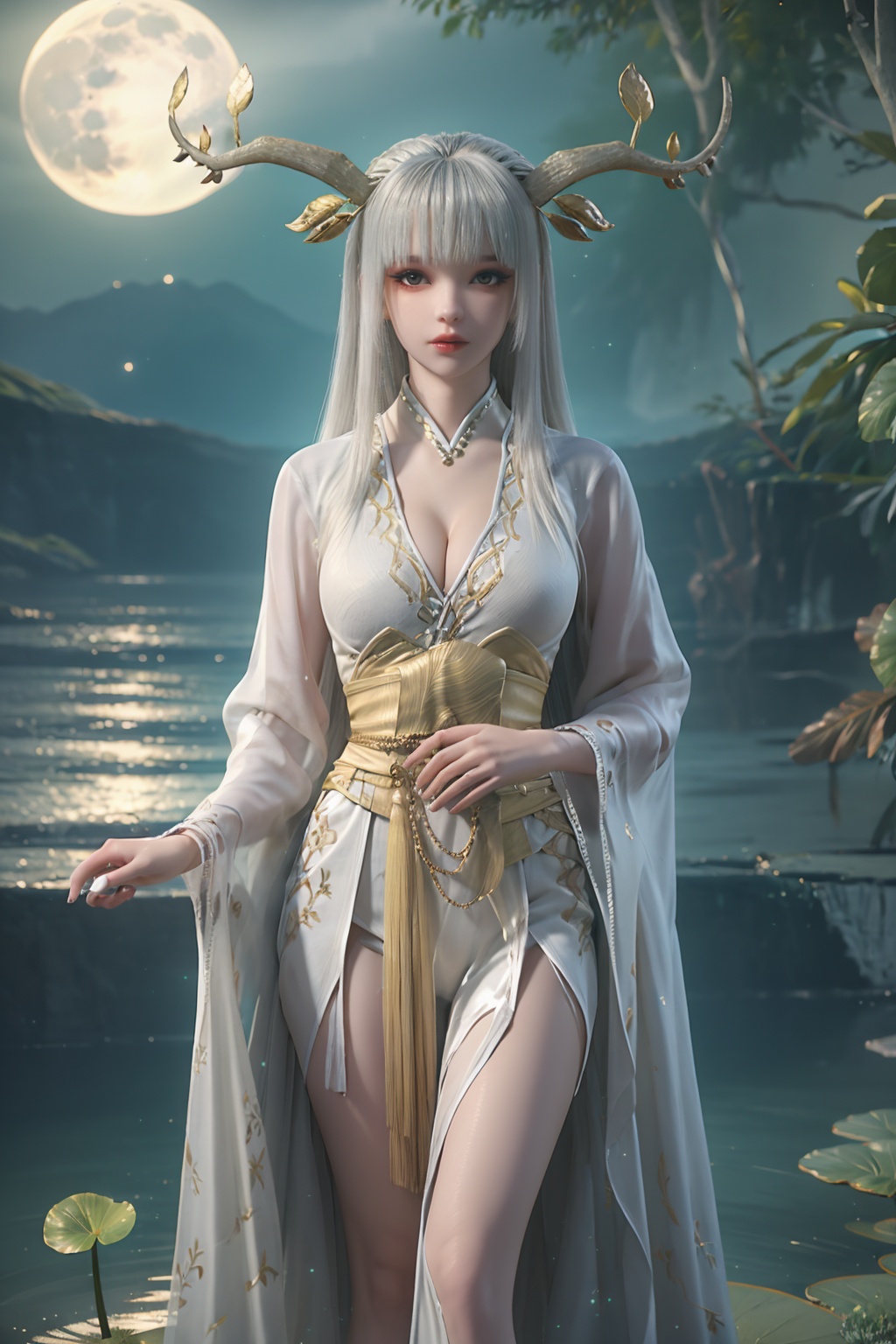 standing,dress,chinese clothes,flower,full_moon,moon,night,lily_pad,lotus,moonlight,water,night_sky,lily_\(flower\),sky,partially_submerged,1girl,solo,hair ornament,long hair,realistic,nail polish,photo_\(medium\),(breasts, medium_breasts, cleavage),makeup,(8k, RAW photo, best quality, masterpiece:1.2),(realistic, photorealistic:1.3),ultra-detailed,extremely detailed cg 8k wallpaper,(crystalstexture skin:1.2),extremely delicate and beautiful,white hair,antler,
