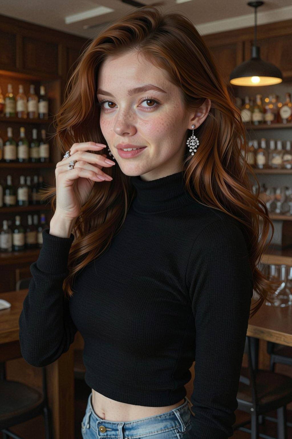 A young Caucasian woman with long,  wavy auburn hair is positioned on the left side of the frame,  facing three-quarters t...