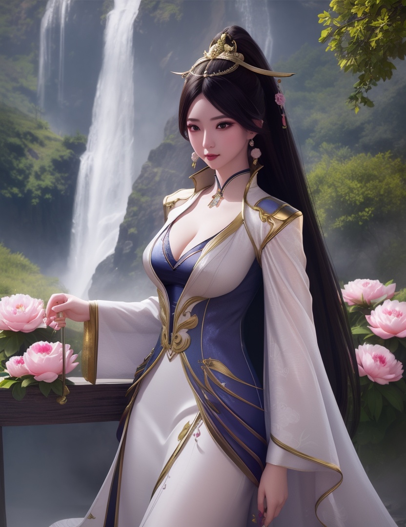 <lora:510-DA-万古狂帝-秋清儿:0.8>(,1girl, ,best quality, ),looking at viewer,  ,,ultra detailed background,ultra detailed background,ultra realistic 8k cg, , ,masterpiece, (( , )),,, ultra realistic 8k cg, ,      ,peony \(flower\),   waterfall,    (cleavage), (),