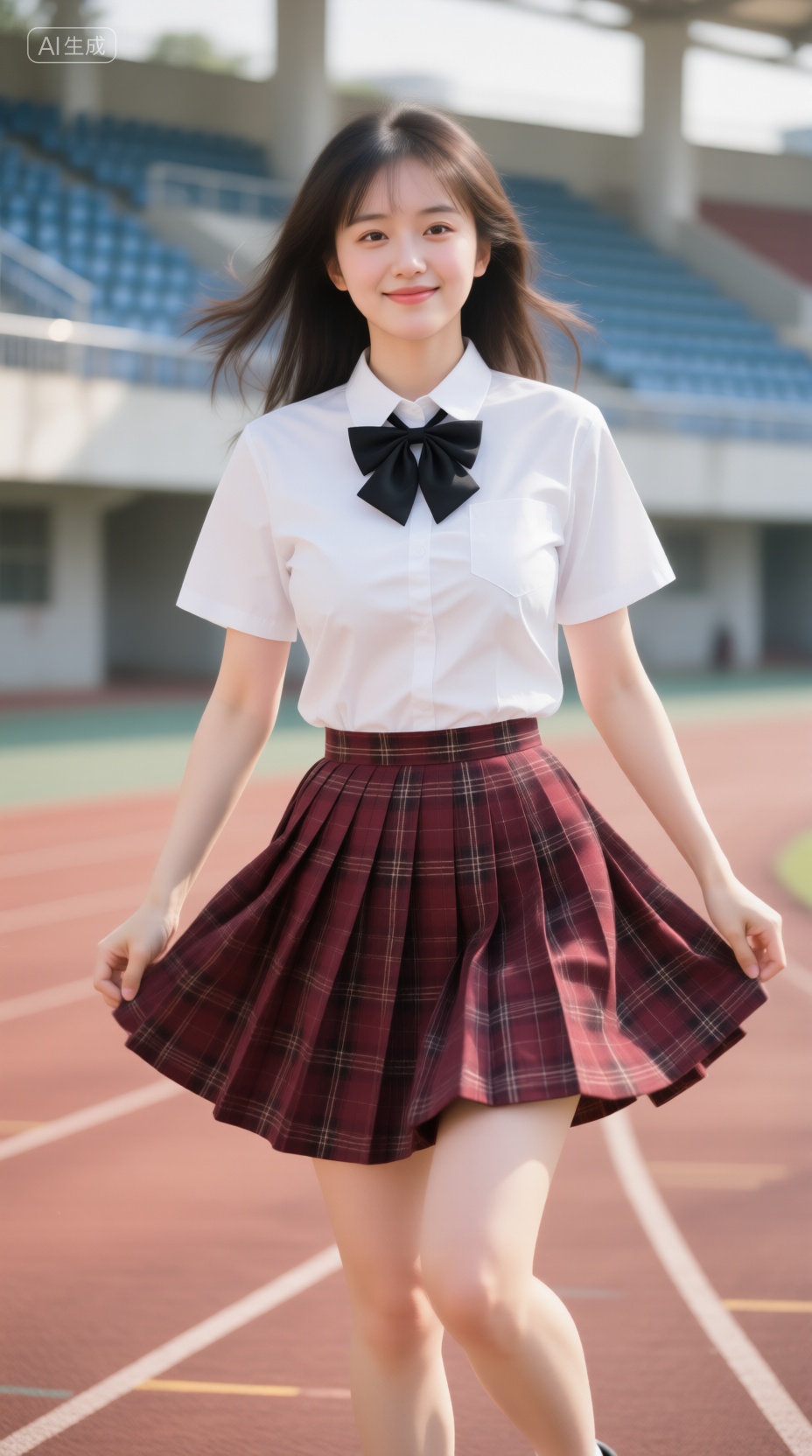 meinvzi,完美身材比例优越,胸部饱满有型,, 真人美女真实摄影照片,极具视觉冲击力精致壁纸风,初恋女友JK 裙(酒红格纹裙+ 白色短袖衬衫+ 黑色领结),完美身材(紧致腰腹,修长双腿),6K 超高清,尼康Z7 II 相机,35mm F1.8 镜头,ISO 100,快门速度1/250s,光圈F1.8,室外操场塑胶跑道场景,正午侧逆光拍,JK 裙百褶因运动扬起,衬衫衣角微卷,背景操场看台虚化自然,充满活力感,, Negative prompt: ng_deepnegative_v1_75t,(badhandv4:1.2),EasyNegative,(worst quality:2),,nsfw, Steps: 25, Sampler: Euler, CFG scale: 3.5, Seed: 260479327, Size: 928x1664, Model hash: 98763a1277, Model: Qwen-Image_1.0.safetensors, Denoising strength: 0, RNG: CPU, Lora 1: 亚洲美女子-qwen, Lora Hash 1: e7ed80e4f5, Lora Weight 1: 0.92, vae_name: automatic