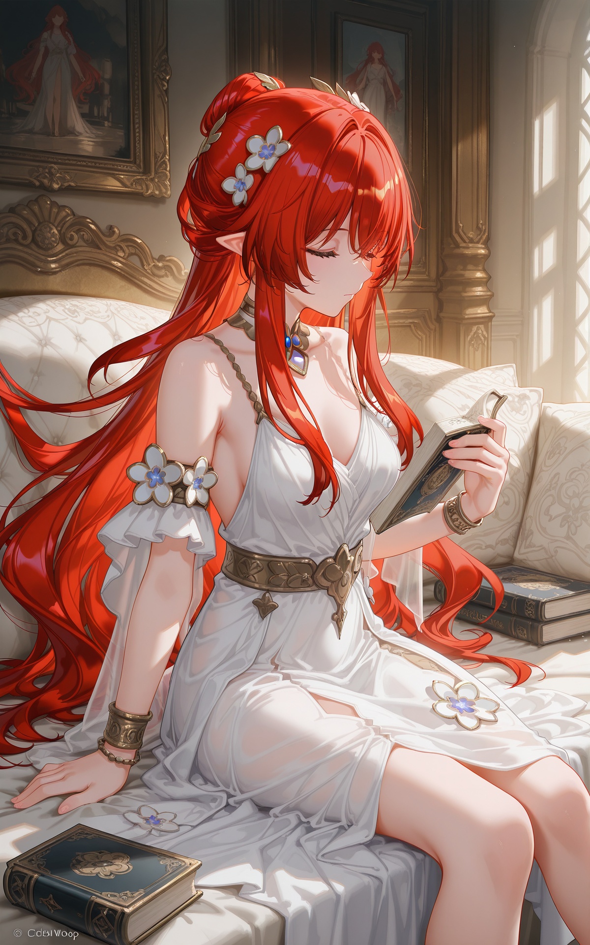 8k,best quality,masterpiece,(ultra-detailed),(high detailed skin),((artist:reoen),(artist:fuzichoco),(artist:atdan),(artist:torino_aqua),year 2024:0.8),[artist:wlop],[artist:ningen_mame],artist:ciloranko,[[artist:rhasta]],artist:tidsean,colorful,<lora:xl-ill-Tribios-v1-000012:0.8>,Tribios\(honkai:star rail\),1girl,red hair,long hair,solo,white dress,dress,pointy ears,bare shoulders,sitting,jewelry,holding,very long hair,breasts,bracelet,closed eyes,book,hair ornament,
