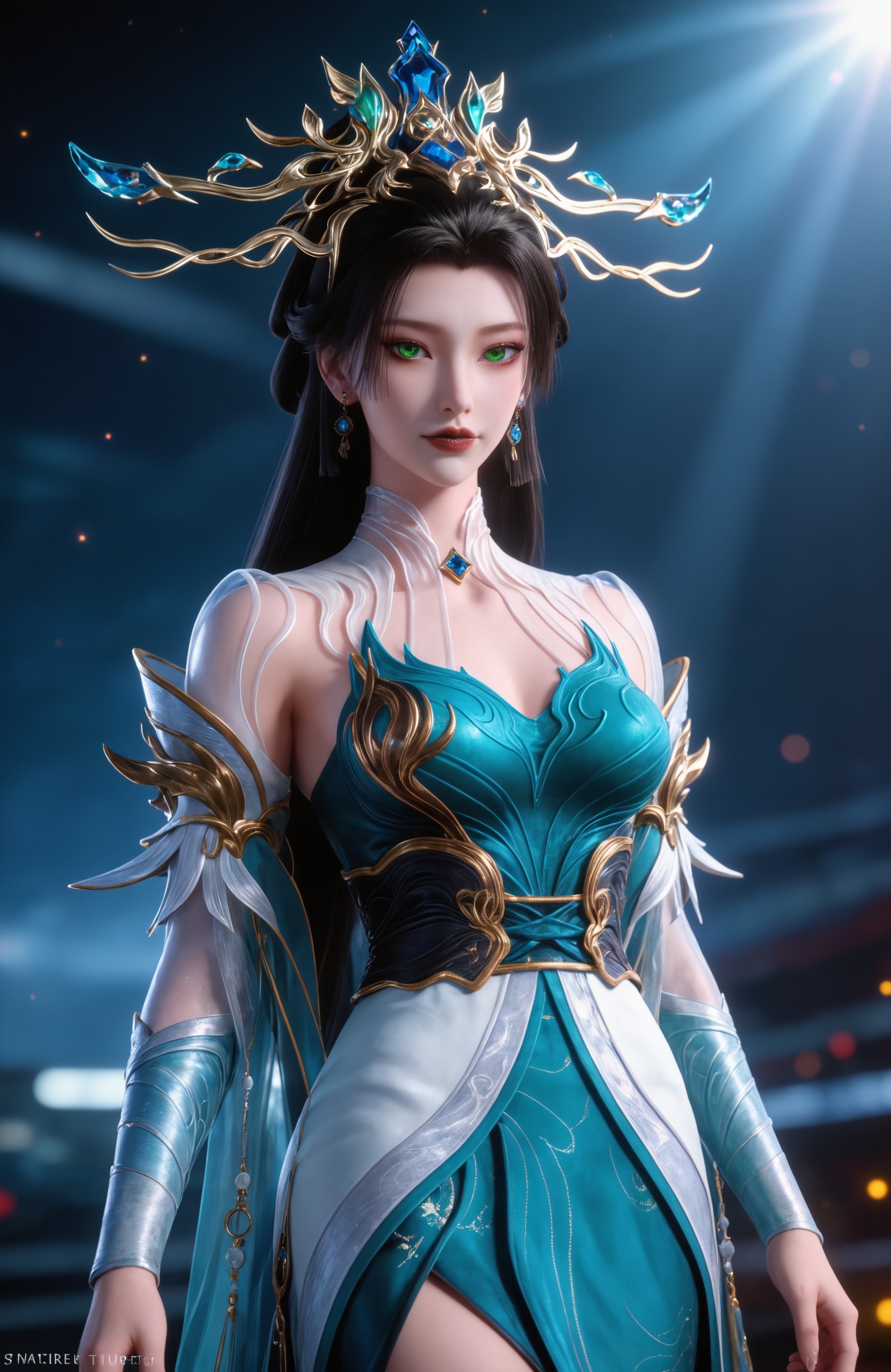 <lora:百炼成神3-青萝Pony:0.7> 1girl, long hair, black hair, green eyes, earrings, hair ornament, jewelry, chinese clothes, bare legs, detached sleeves,  blue dress, realistic style photo,outstanding style,adding a touch of dimension to your images without compromising details,whirls of vapor,ethereal ambiance,delicate details,magical atmosphere,concept art,highly detailed,ultra-high resolution,32K UHD,sharp focus,best-quality,masterpiece,golden hour,unconventional supreme masterpiece,masterful details,temperate atmosphere,with a high-end texture,in the style of fashion photography,magazine style,Dynamic Angle,Dynamic posture,(cowboy_shot:1.2),depth of field,lens flare,extreme aesthetic,masterpiece,best quality,good quality,newest,year 2025,very aesthetic,absurdres,Visual impact,A shot with tension,ultra-high resolution,32K UHD,sharp focus,best-quality,masterpiece,Emotionalization,unconventional supreme masterpiece,masterful details,temperate atmosphere,with a high-end texture,in the style of fashion photography,(Visual impact:1.2),giving the poster a dynamic and visually striking appearance,, The text " TenKAI" is prominently displayed in large,bold letters at the top of the image,close-up,glowing blue light effects,serene expression,finger to lips,futuristic sci-fi,soft lighting,ethereal atmosphere,smooth textures,dreamy aesthetic,background gradient from dark blue to light blue,Dreamtech watermark,futuristic character design,Lux.dev,serene and mysterious mood,