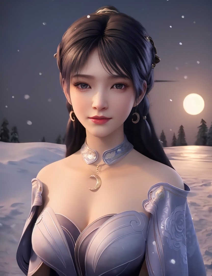 <lora:517-DA-遮天-姬紫月:0.8>(,1girl, ,best quality, ),looking at viewer,masterpiece, (( , )),, realistic,science fiction,mole, ultra realistic 8k cg, ,      ,outdoors, snow, snowing, snow on head, sun,sunset,sunlight,moonlight,full moon, red moon,  crescent moon,  crescent rose,  black rose,       (cleavage), (),