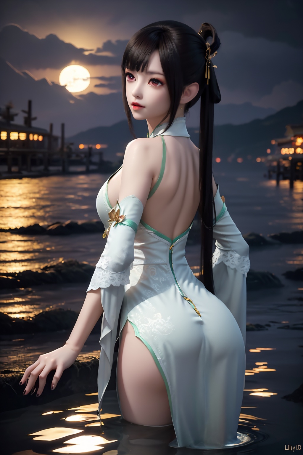 standing,dress,chinese clothes,flower,full_moon,moon,night,lily_pad,lotus,moonlight,nipples,water,night_sky,lily_\(flower\),sky,partially_submerged,1girl,solo,hair ornament,long hair,realistic,nail polish,photo_\(medium\),(large breasts,cleavage),makeup,(8k, RAW photo, best quality, masterpiece:1.2),(realistic, photorealistic:1.3),ultra-detailed,extremely detailed cg 8k wallpaper,(crystalstexture skin:1.2),extremely delicate and beautiful,(sexy pose:1.2),ass,from behind,(looking back:1.5),bent over,hair ornament,
