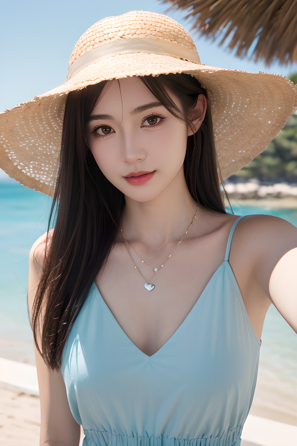 <lora:0812_03:0.7>,araffe girl with long hair wearing a straw hat and blue dress, 1girl, solo, hat, straw hat, long hair, looking at viewer, necklace, jewelry, heart necklace, smile, heart, brown hair, bangs, day, beach, outdoors, upper body, black hair, sunlight, closed mouth, swimsuit, selfie, sky, ocean,, 1girl,realistic,masterpiece, best quality, photorealistic, HDR,detail