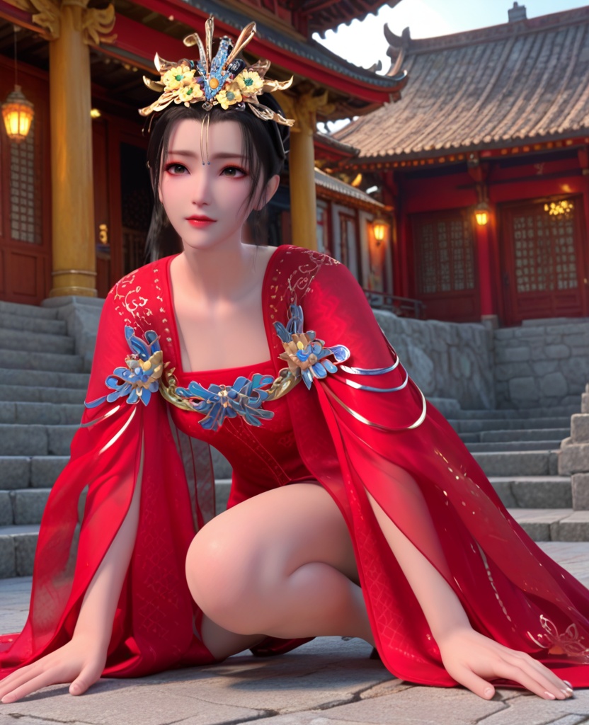 (oriental architecture, elegant decor, sophisticated style:1.1),(Kneeling on one knee, looking up,:1.1),(breasts:1.2),<lora:XL少年歌行李寒衣婚服:0.95>,miss lihanyi,red chiffon strapless sundress,red shawl sleeves,flower shaped hair ornament,black hair,eyeshadow,brown eyes,jewelry,red lips,, score_9,score_8_up,score_7_up,score_6_up,score_5_up,score_4_up,3d rendering,tag1,tag2, Cinematic Lighting,backlighting,