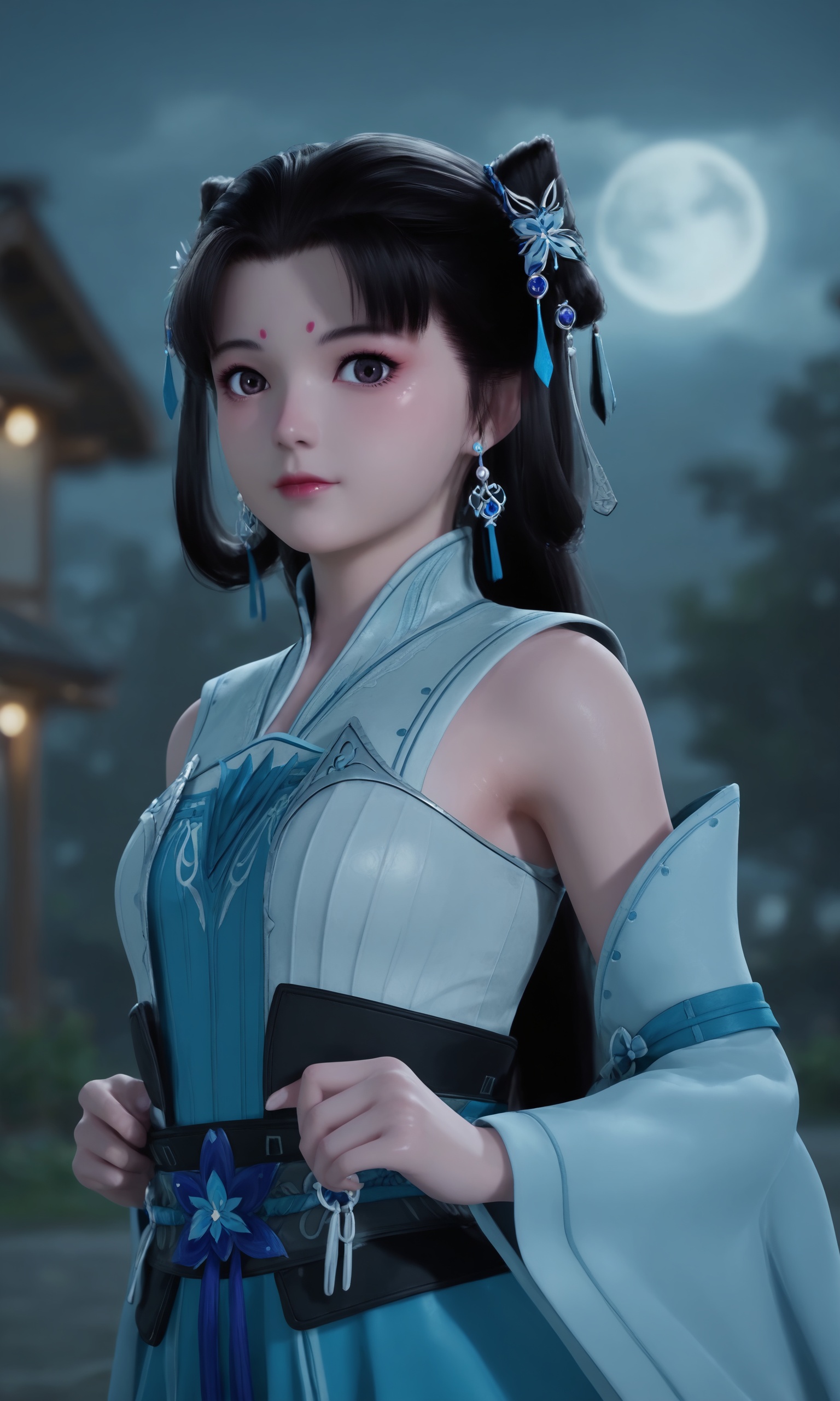 1girl,solo,shiny,shiny_hair,upper_body,fair_skin,white_skin,shiny_skin,shiny,Ivory_skin,looking at viewer,cinematic lighting,volumetric lighting,solo focus,blurry background,depth of field,night,sky,night sky,full moon,moonlight,<lora:师兄啊师兄-蓝灵娥-2Pony:0.7>,1girl,long,straight black hair,blue and white hairpins,traditional Chinese-inspired outfit,light blue dress,sleeveless top,high collar,intricate geometric patterns,long sleeves,white socks and blue shoes,