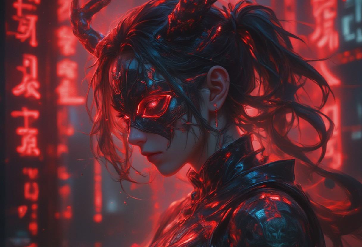 Cyberpunk,  a cyberpunk digital illustration shoot from a profile camera angle about a futuristic female character with ho...