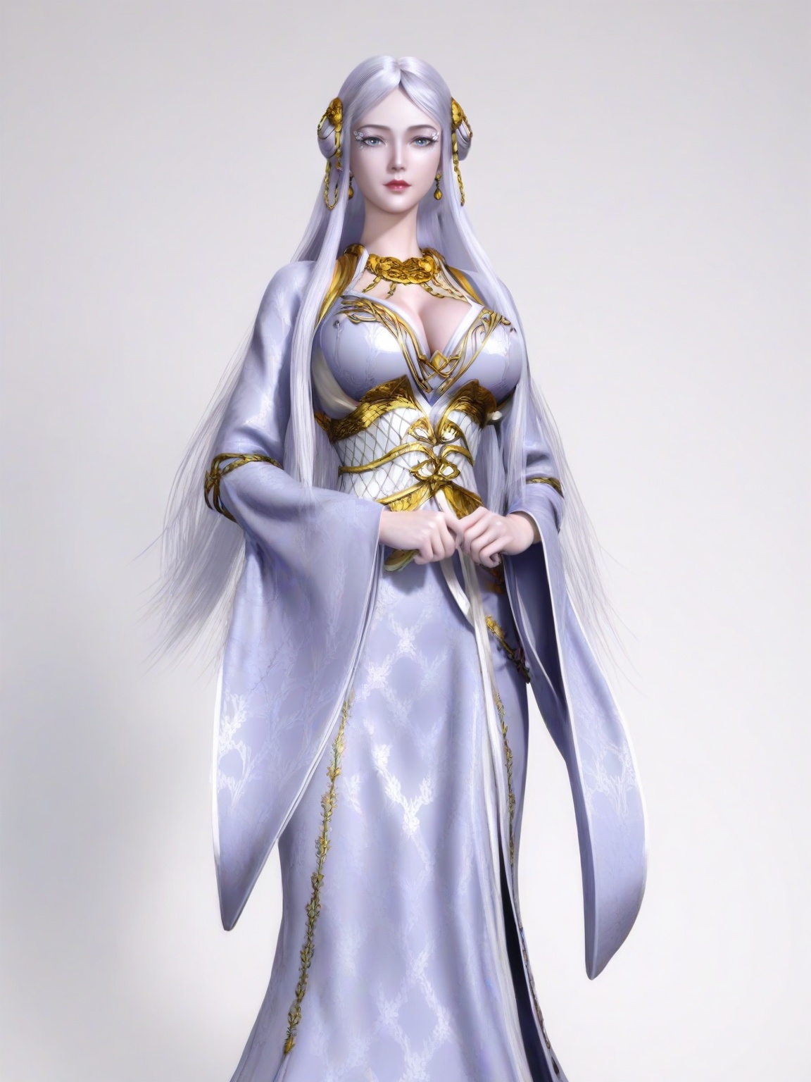 score_9,<lora:SF_BaiLong_Pony_Realism2.3-000005:0.7>,1girl,solo,dress,long hair, lipstick,earrings,eyelashes,large breasts, hair ornament,standing,wide sleeves, looking at viewer,white background,simple background,cowboy_shot,