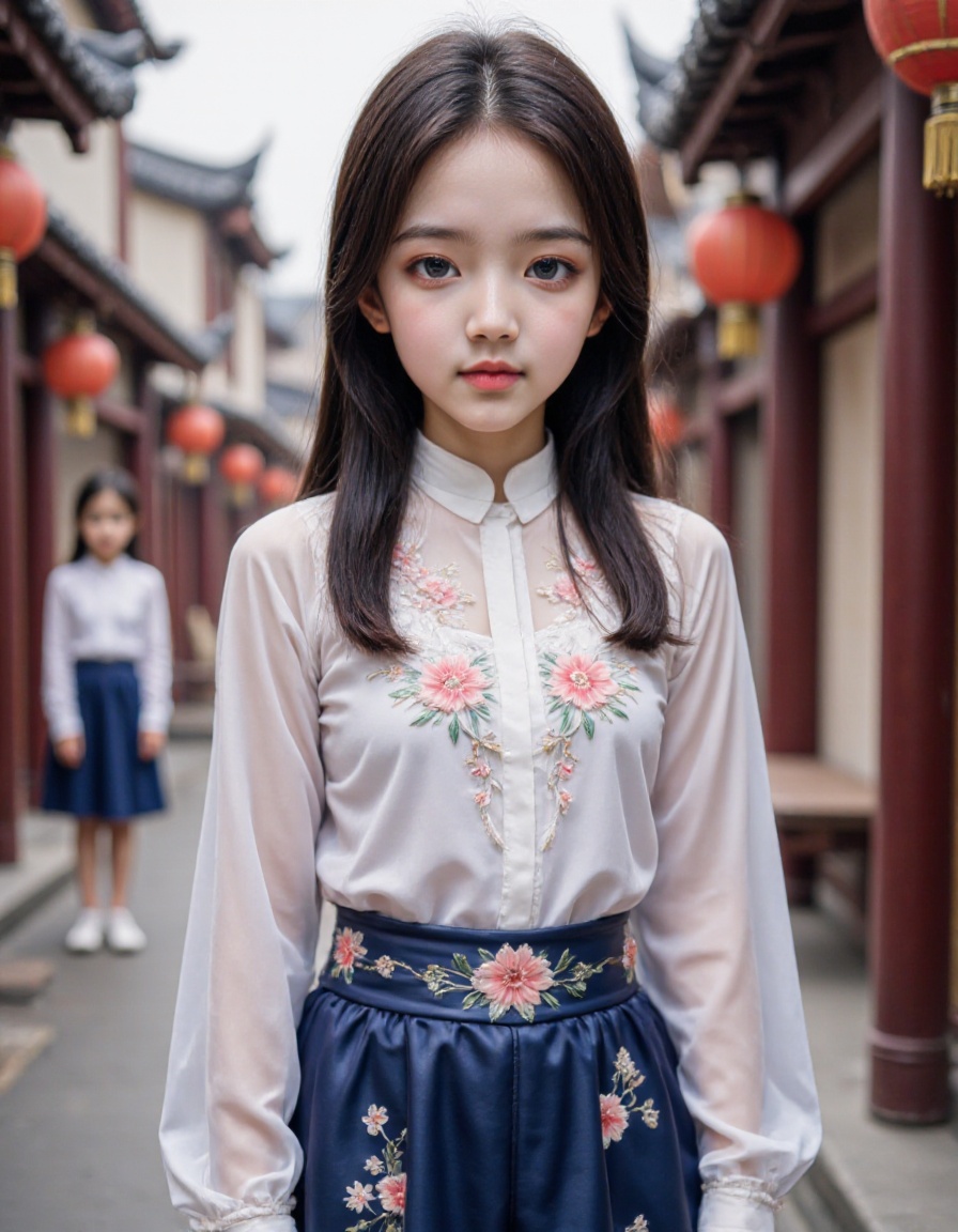 This photograph features a young girl with long, straight black hair and fair skin, standing on a traditional Chinese street. She wears a white blouse with intricate floral embroidery and a high-waisted, navy-blue skirt adorned with floral patterns. The street is lined with red lanterns and traditional wooden buildings, with another girl in the background. The scene is well-lit, suggesting daytime.
