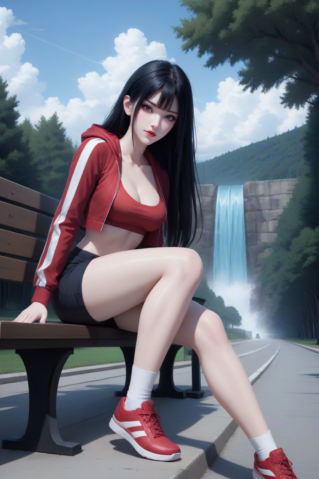 <lora:cailin_bth_v6:0.7>,cailin_bth,1girl,solo,long hair,looking at viewer,red lips,bangs,closed mouth,masterpiece,high quality,highres,absurdres,best quality,8K,high-res detailed,standing,dynamic pose,hooded_track_jacket,sports bra,cleavage_cutout,shorts,dolphin_shorts,sneakers,white socks,(outdoors,day,waterfall,sky,cloud,park,park bench,lamppost,),<lora:DetailedEyes_V3:0.5>,beautylegs,<lora:beautylegs_x1v02:0.5>,