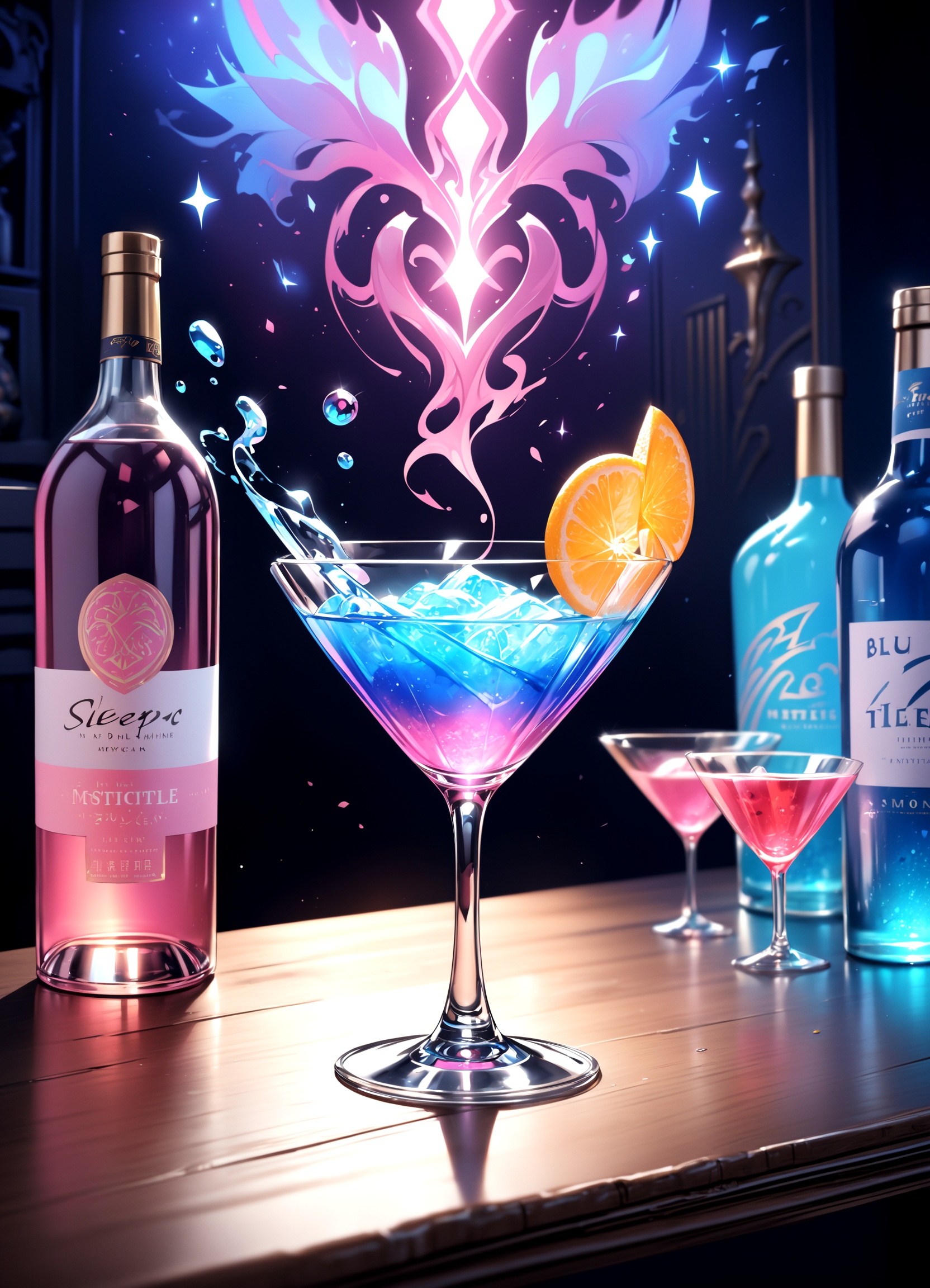 vibrant glowing pink|blue drink, in the style of a product hero shot in motion, dynamic magazine ad image, photorealism, sleep and mystical elements around the background,bar,cocktail glass, 