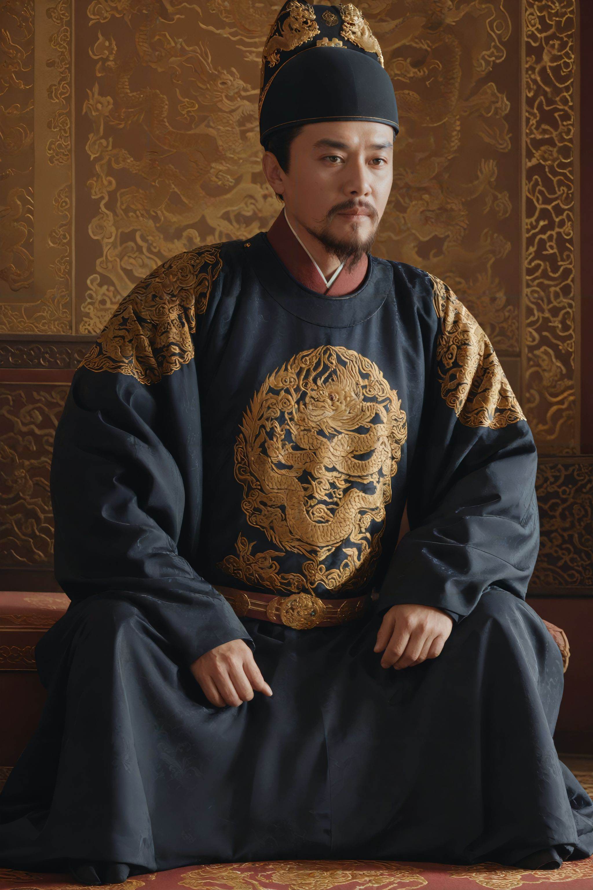 (masterpiece:1.3),(best quality:1.2),highres,sharp,photorealistic,realistic,UHD,(Yishanguan \(hat\):0.8),(SMS \(attire\):1.2),1man,solo,male focus,facial hair,sitting,black hair,beard,full body,closed mouth,realistic,mustache,<lora:changfu2:0.8>,
