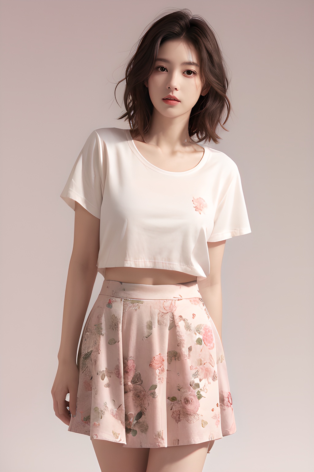 <lora:0818_02:0.7>,simple background,pink_floral_skirt,, 1girl,realistic,masterpiece, best quality, photorealistic, HDR,detail