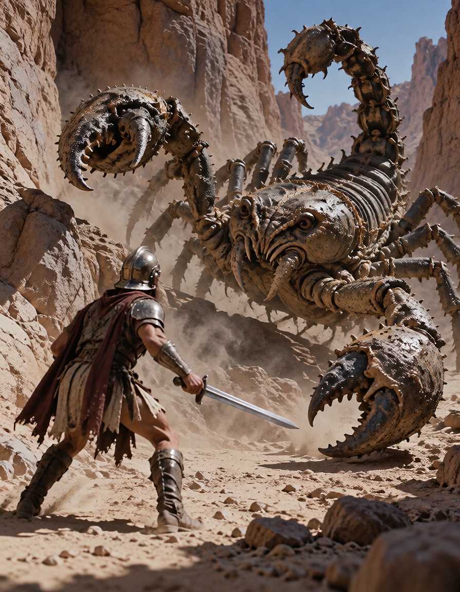 A knight confronting a giant scorpion in a desert canyon,  stop-motion creature integrated with live-action photography,...