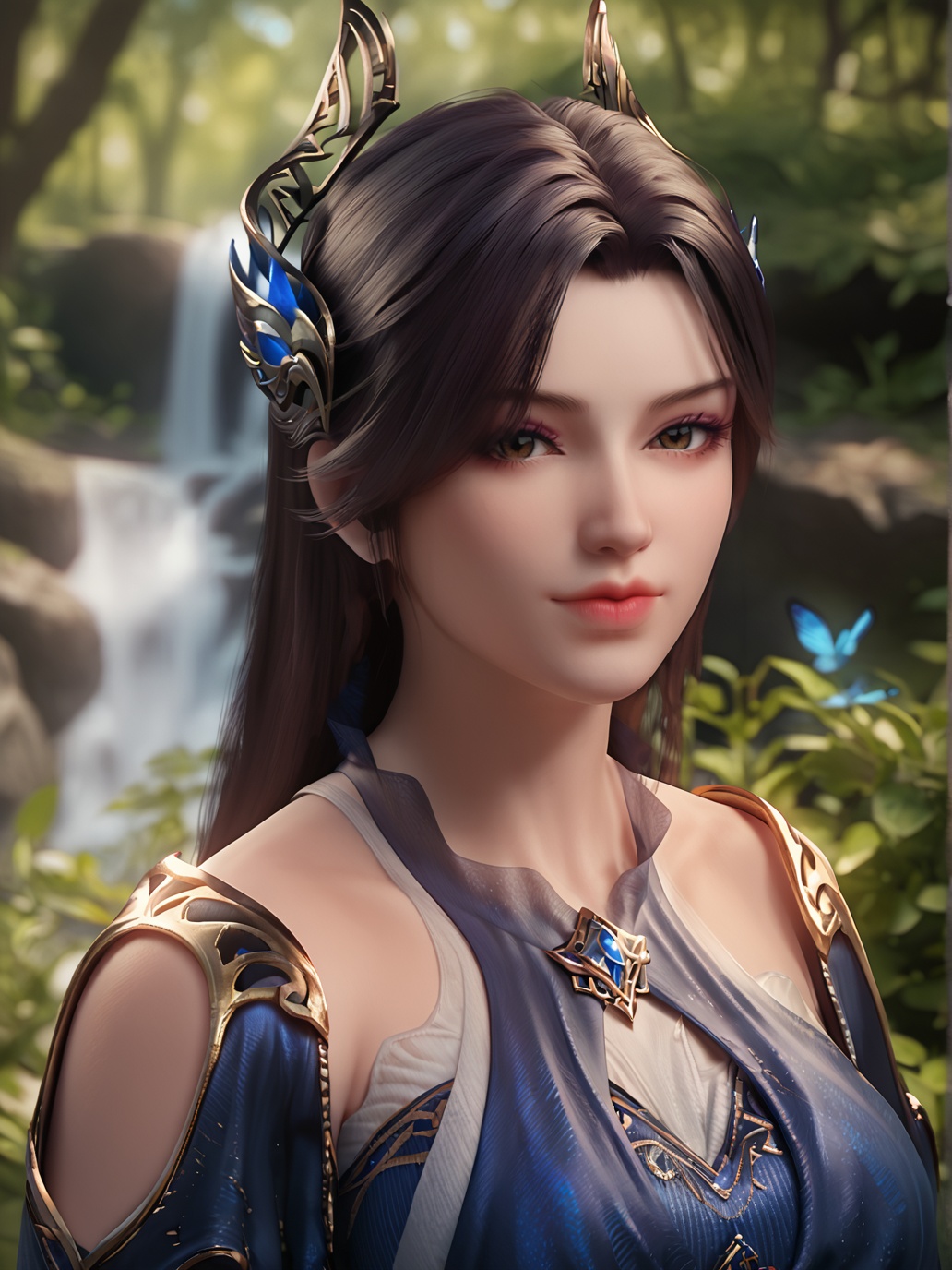 score_9,score_8_up,score_7_up,source_realistic,1girl,solo,closed mouth,blue long hair,light smile,hair ornament,dress,looking at viewer,outdoors,nature,(upper body),<lora:caoying:0.9>,caoying,
