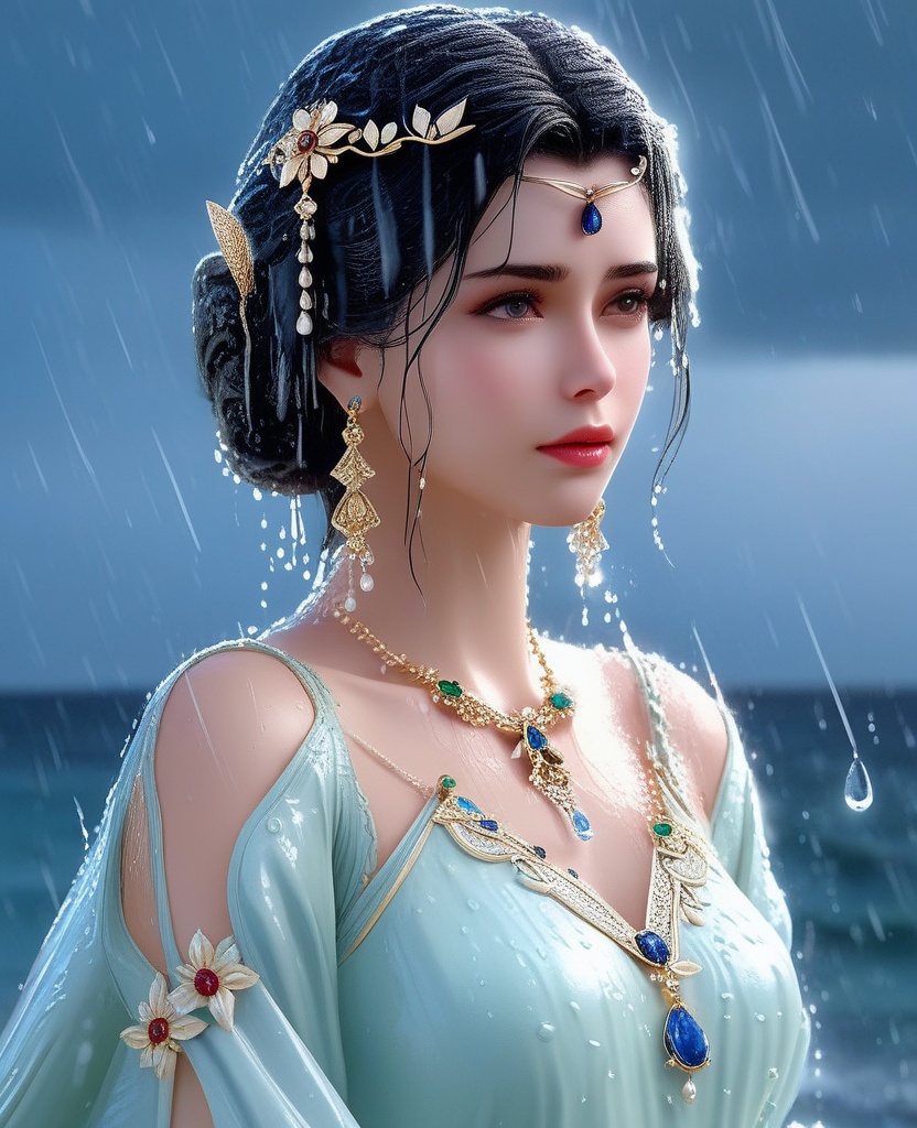 <lora:604-DA-XL-星辰变-姜立V2-新衣:0.8>(,1girl, ,best quality, ),looking at viewer, ,ultra detailed 8k cg, ultra detailed background, ultra realistic 8k cg,  ,masterpiece((((1girl, solo,  , ,solo focus, wet,sweat, ocean,rain, water drop, )))) (, , sweatdrop, flying sweatdrops, sweating profusely,colorful drop \(module\), )   clean, masterpiece,     cinematic lighting, cinematic bloom,   , unreal, science fiction, luxury, jewelry, diamond, gold, pearl, gem, sapphire, ruby, emerald, intricate detail, delicate pattern, charming, alluring, seductive, erotic, enchanting, hair ornament, necklace, earrings, bracelet, armlet,halo,