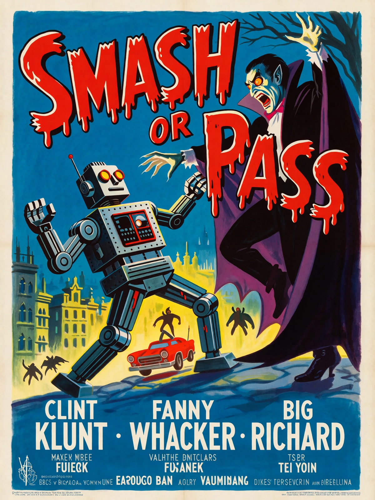Vintage movie poster featureing a robot fighting a vampire. The title in big,  red,  drippy on Tensor.Art