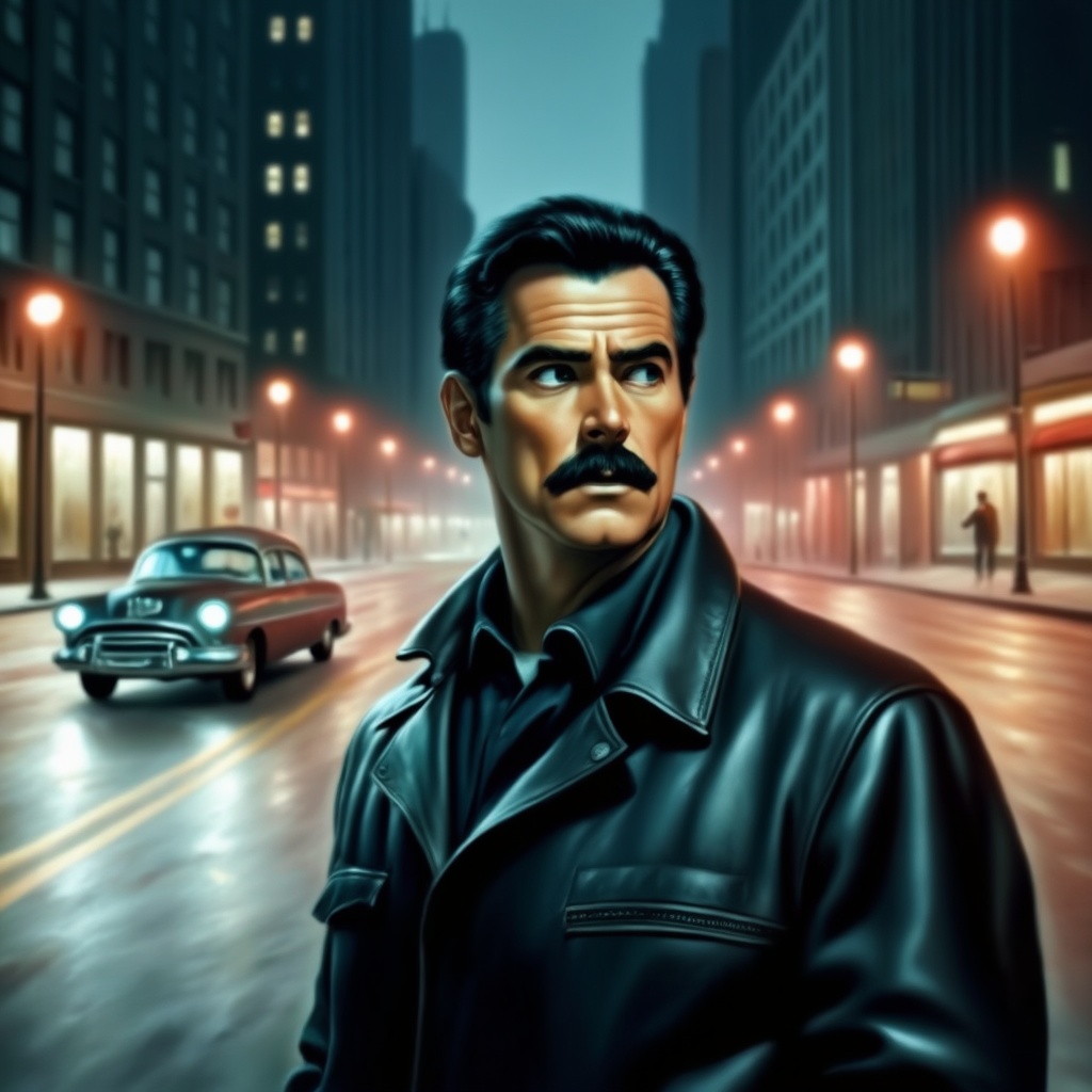 A moody,  atmospheric portrait of a man standing on a city street at night. He wears a black leather jacket and stares int...