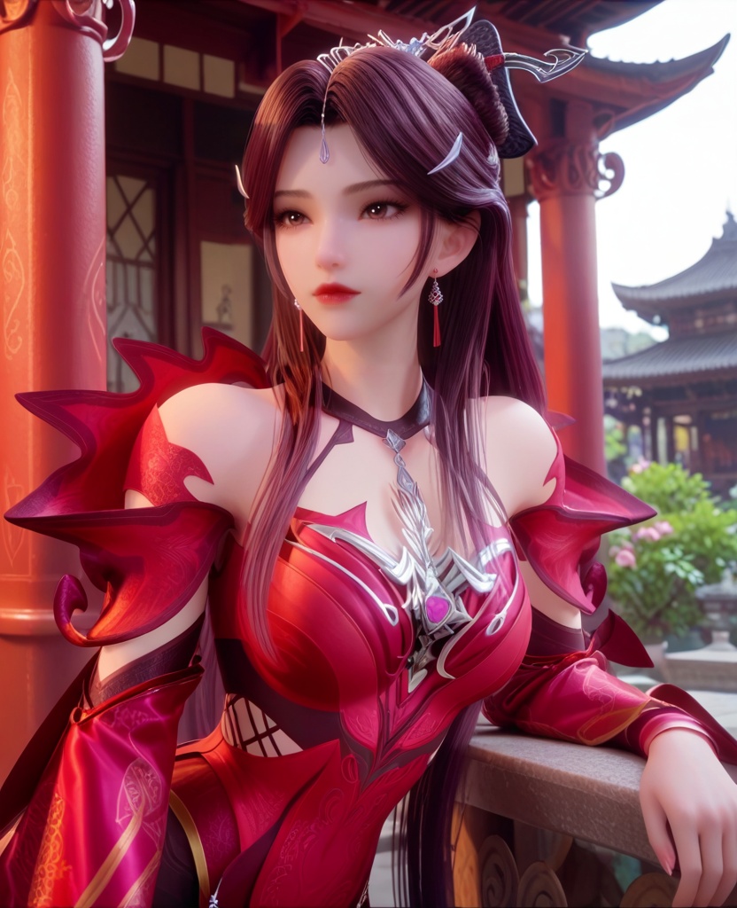 (oriental architecture, elegant decor, sophisticated style:1.1),(Balancing on a narrow ledge or wall, looking fearless and adventurous,:1.1),(breasts:1.2),<lora:XL宗门卧底萧媚:0.95>,miss xiaomei,red dress,choker,detached sleeves,brown eyes,brown hair,forehead pendan,long hair,hair ornament,black pantyhose,earrings,jewelry,hanging hair,, score_9,score_8_up,score_7_up,score_6_up,score_5_up,score_4_up,3d rendering,tag1,tag2, Cinematic Lighting,backlighting,