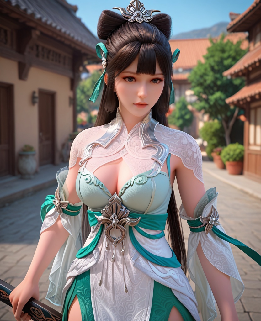 (oriental architecture, elegant decor, sophisticated style:1.1),skateboarding moves,(breasts:1.2),<lora:XL完美世界雨紫陌:0.9>,1girl,solo,see-through vest,aloes green corset,green ribbon,detached sleeves,white overskirt,side slit maxiskirt of green,black hair,long hair,hair ornament,hair bun,bangs,cleavage cutout,, zPDXL2, score_9, score_8_up, score_7_up BREAK realistic, masterpiece,best quality, highly detailed,, zPDXL3, zPDXL2,zPDXL, zPDXLxxx, zPDXLrl,