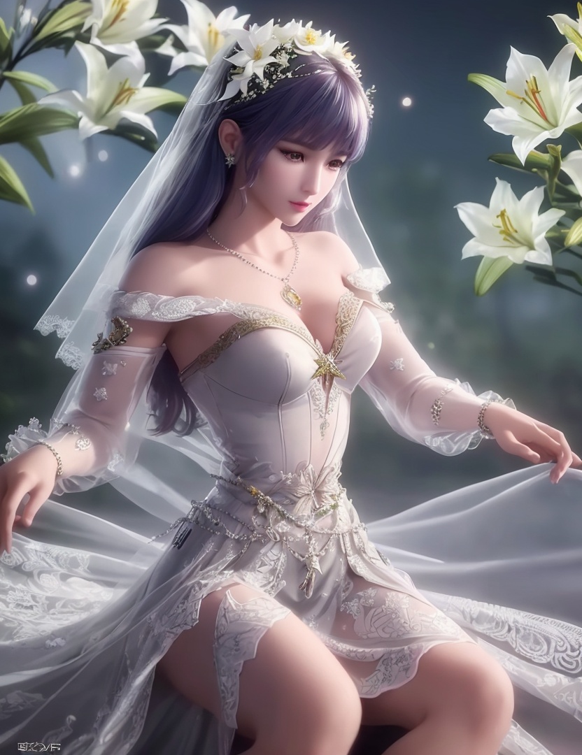 ultra realistic 8k cg, picture-perfect face, flawless, clean, masterpiece, professional artwork, famous artwork, cinematic lighting, cinematic bloom, perfect face, beautiful face, fantasy, dreamlike, unreal, science fiction,   lace, lace trim, lace-trimmed legwear,  (rich:1.4), prestige, luxury, jewelry, diamond, gold, pearl, gem, sapphire, ruby, emerald, intricate detail, delicate pattern, charming, alluring, seductive, erotic, enchanting, hair ornament, necklace, earrings, bracelet, armlet,halo((,1girl, pov,))  ((, 1girl, solo, star_\(symbol\),lily \(flower\),hair flower, wedding dress, jewelry))<lora:DA_BaiChenXiang:0.6>