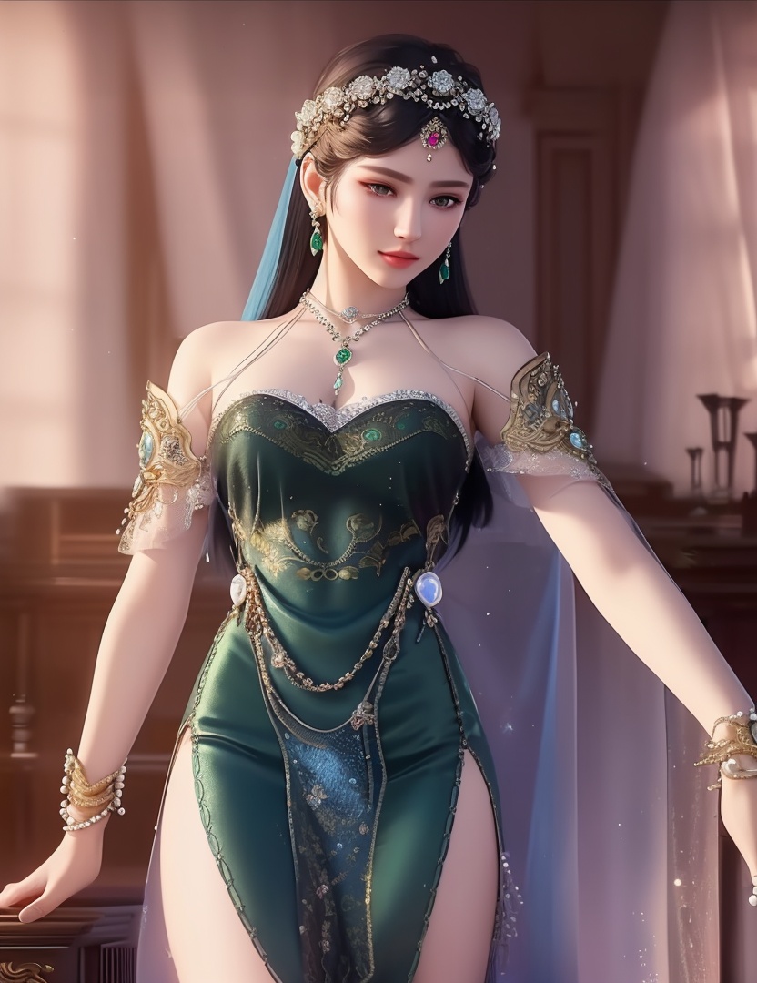 ultra realistic 8k cg, picture-perfect face, flawless, clean, masterpiece, professional artwork, famous artwork, cinematic lighting, cinematic bloom, perfect face, beautiful face, fantasy, dreamlike, unreal, science fiction,  beautiful clothes, lace, lace trim, lace-trimmed legwear,  (rich:1.4), prestige, luxury, jewelry, diamond, gold, pearl, gem, sapphire, ruby, emerald, intricate detail, delicate pattern, charming, alluring, seductive, erotic, enchanting, hair ornament, necklace, earrings, bracelet, armlet,halo((,1girl, pov,))(((,  1girl,  solo,looking at viewer, ))),(((1girl, solo, dress, jewelry)))<lora:DA_WhiteSnakeGreenSnake:0.8>