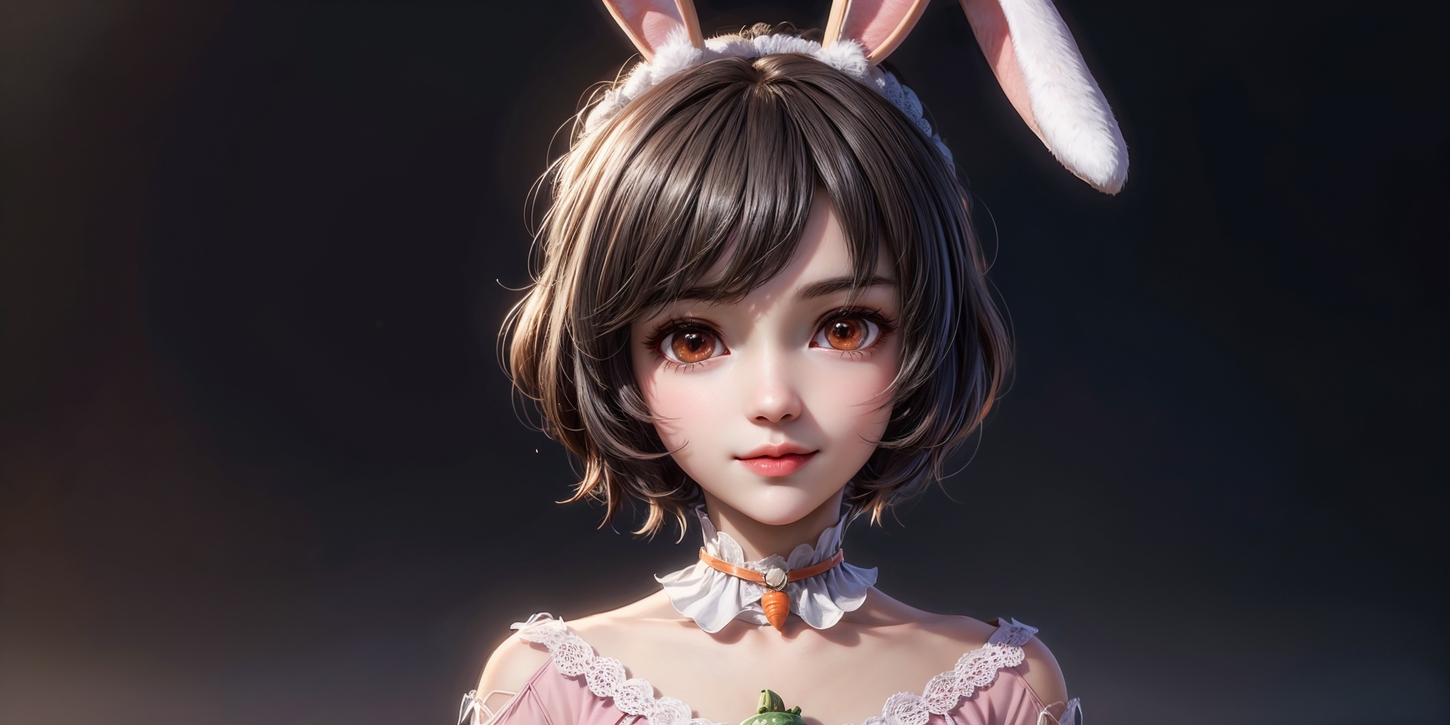 masterpiece,best quality,illustration,anime,simple gray background,(solo:1.2),upper body,smile,xiaowu,1girl,child,loli,animal ears,brown hair,rabbit ears,pink dress,brown eyes,upper body,looking at viewer,short hair,lips,dress,collar,choker,closed mouth,<lora:xiaowu_20240306204015:0.7>,<lora:add_detail:1>,carrot decorations,
