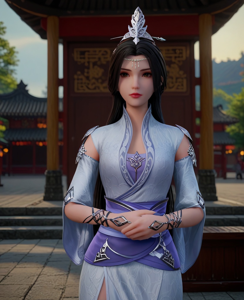 (oriental architecture, elegant decor, sophisticated style:1.1),(practicing martial arts,the armbar:1.1),(breasts:1.2),<lora:XL神墓楚月:0.95>,miss chuyue,silver dress,sash,detached sleeves,brown eyes,black hair,long hair,hair ornament,wrist cuffs,, score_9,score_8_up,score_7_up,score_6_up,score_5_up,score_4_up,3d rendering,tag1,tag2, Cinematic Lighting,backlighting,