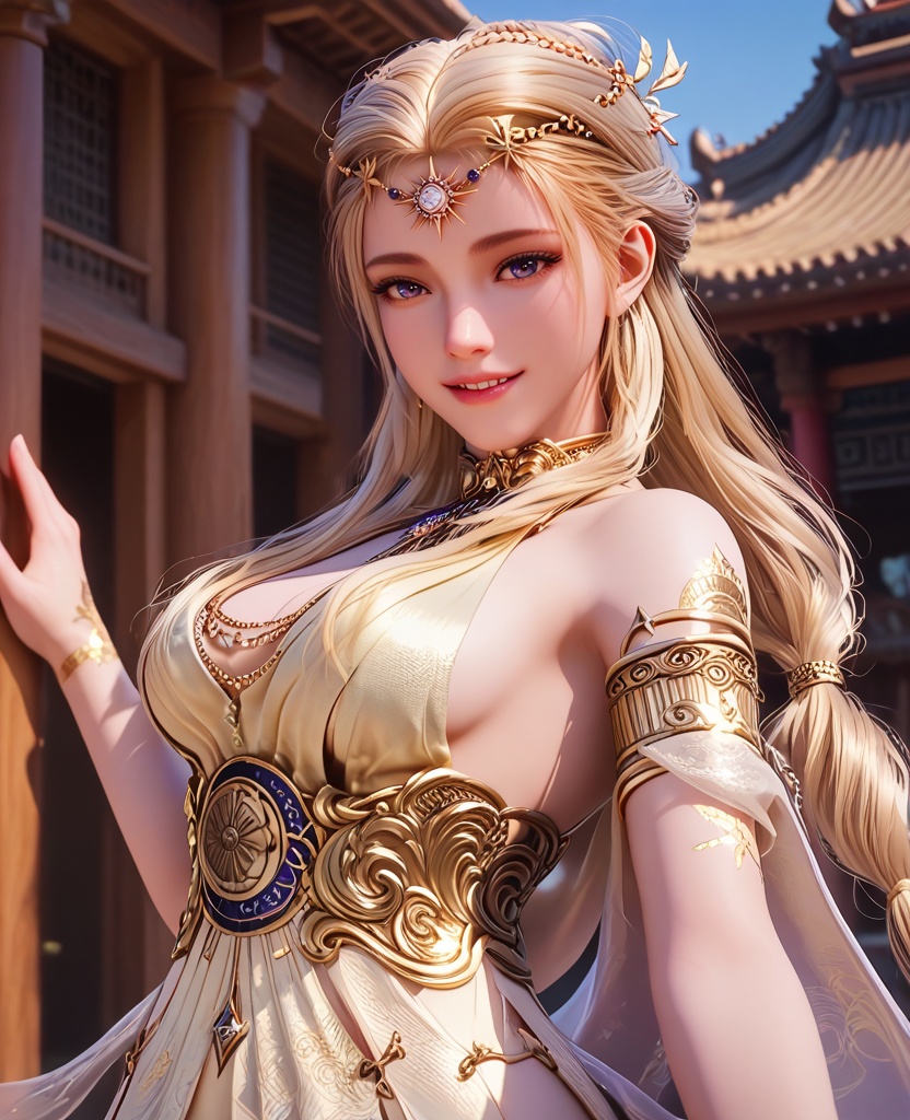 (oriental architecture, elegant decor, sophisticated style:1.1),(seiza:1.1),grin,(breasts:1.2),<lora:XL16永劫无间席拉:0.95>,miss xila,light yellow high-low dress,blue eyes,circlet,blonde hair,braid,long hair,sash,jewelry,armlet,golden tattoo of holy seal,, score_9,score_8_up,score_7_up,score_6_up,score_5_up,score_4_up,3d rendering,tag1,tag2, Cinematic Lighting,backlighting,