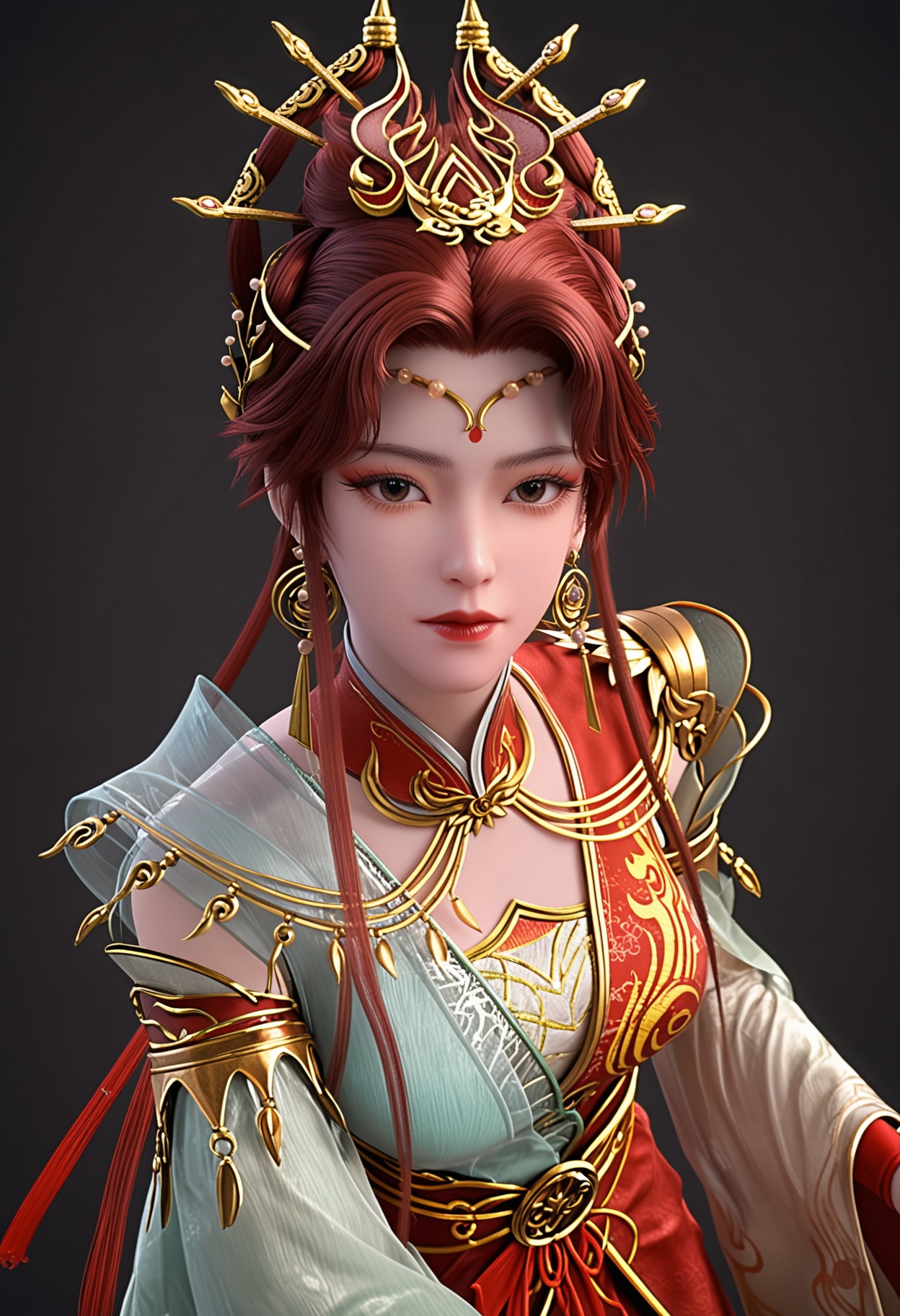 (cowboy shot:1.1),(looking at viewer:1.1),facing viewer,direct gaze,<lora:YQ_pony_zhenxianyingling_V4:0.8>,q1528437228,1girl,solo,jewelry,earrings,hair ornament,brown hair,chinese clothes,dress,hair bun,red hair,brown eyes,long hair,long sleeves,forehead mark,detached sleeves,sash,BREAK simple background,pure black background,black background,perfect anatomy,