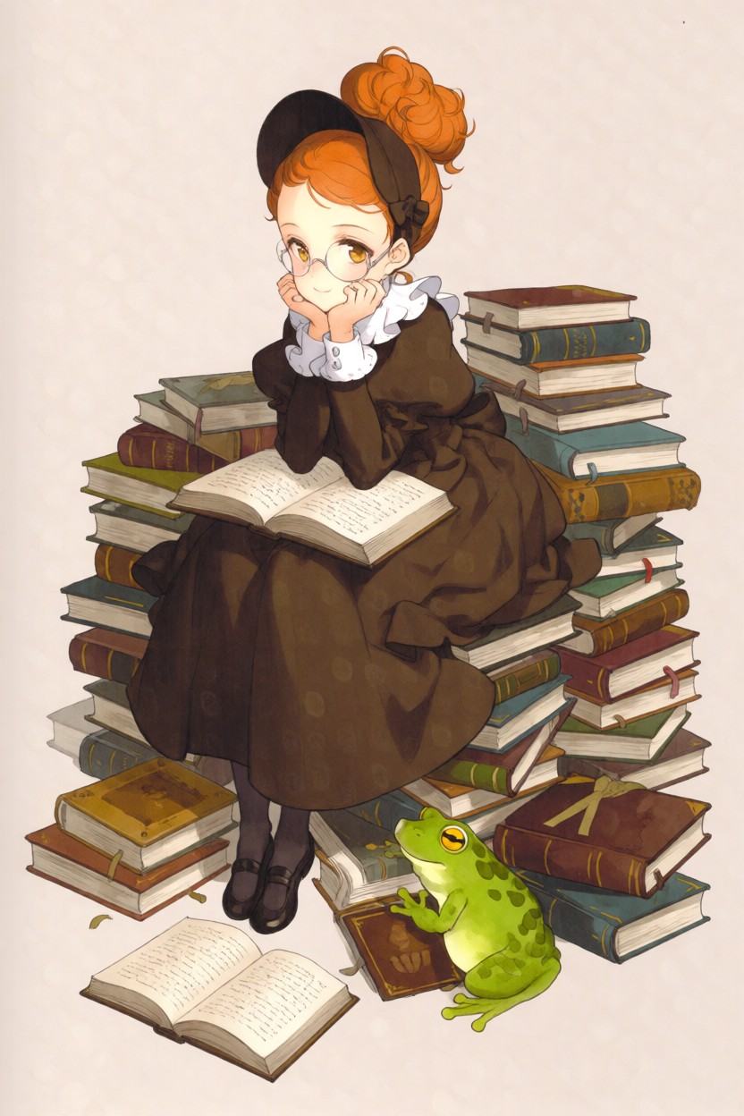 Full body anime concept art of Margarita Surprise from GrimGrimoire. A young sorceress girl with fluffy ginger-orange hair...