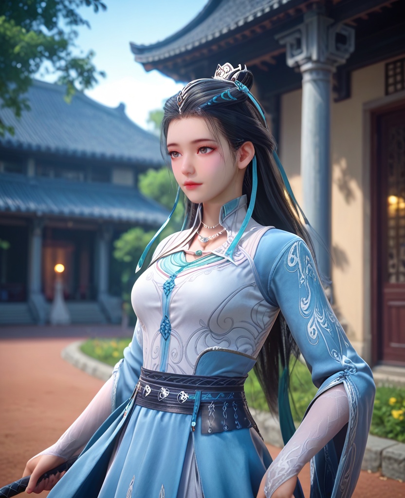 (oriental architecture, elegant decor, sophisticated style:1.1),(baseball hitter,baseball bat in hand,batting:1.1),(breasts:1.2),<lora:XL师兄啊皖江雨:0.95>,miss wanjiangyu,blue paired with white dress,black hair,long hair,hair bun,hair ornament,jewelry,necklace,black sash,opera length gloves,ribbon,grey eyes,, score_9,score_8_up,score_7_up,score_6_up,score_5_up,score_4_up,3d rendering,tag1,tag2, Cinematic Lighting,backlighting,